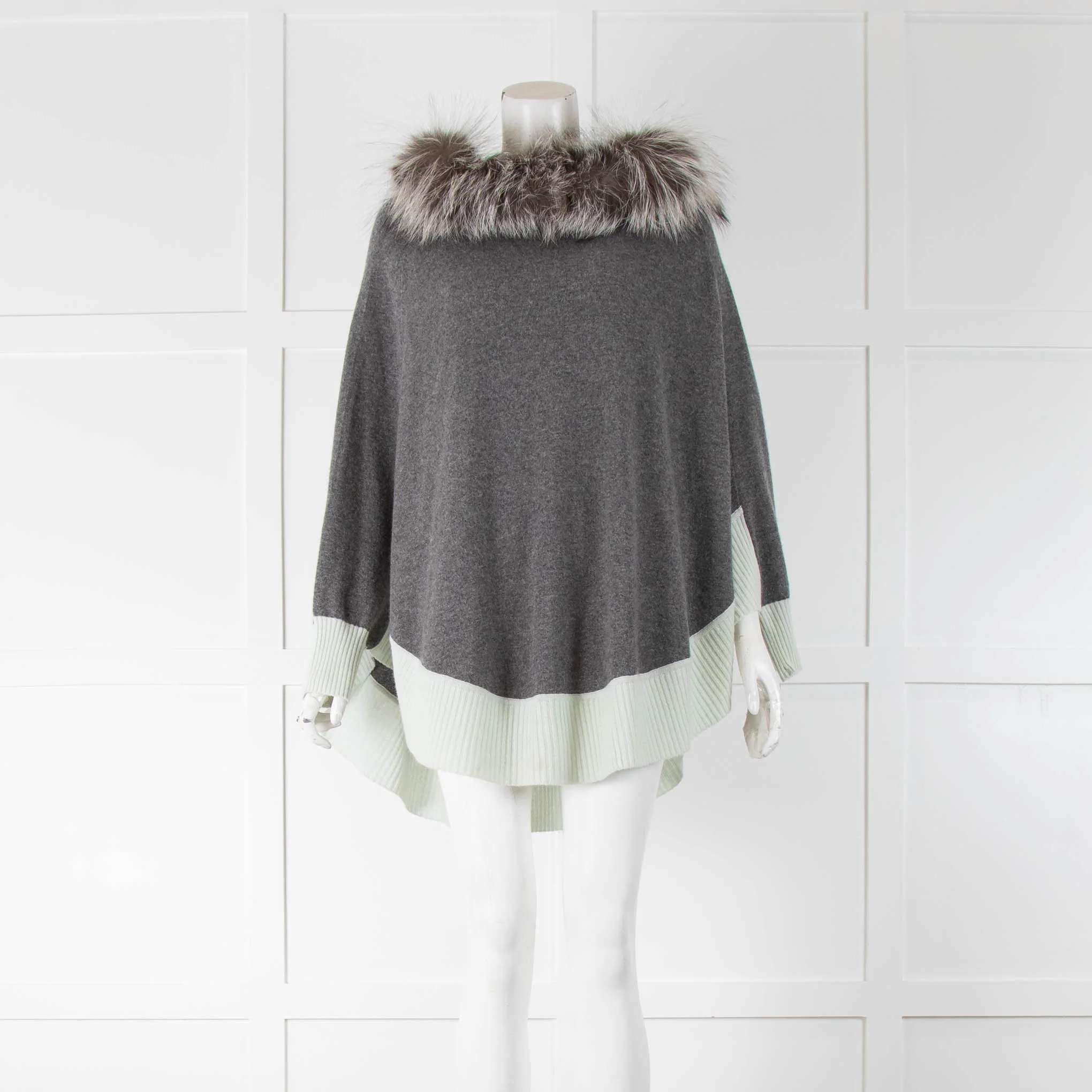 Dom Goor Grey Cashmere Poncho Green Hem Fur Hood