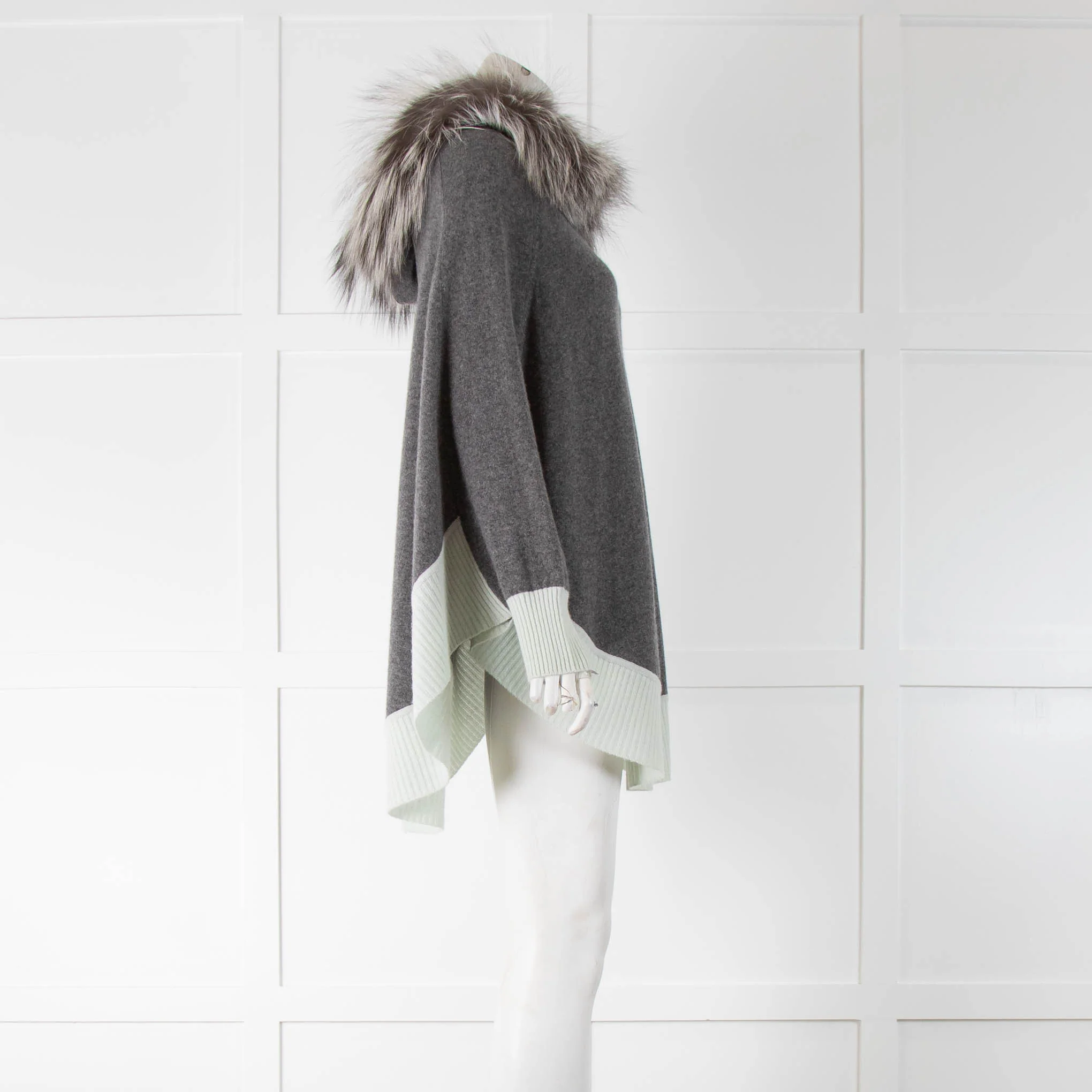 Dom Goor Grey Cashmere Poncho Green Hem Fur Hood - Image 2