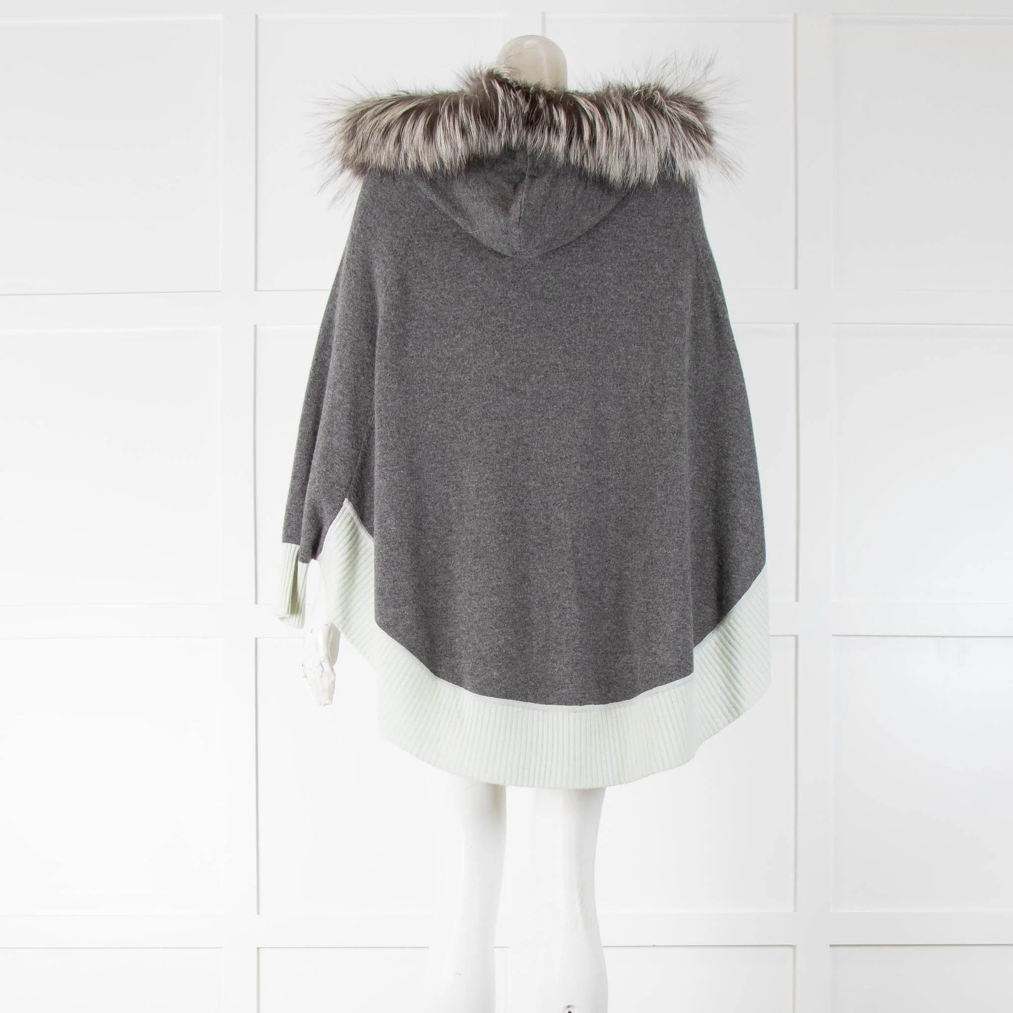 Dom Goor Grey Cashmere Poncho Green Hem Fur Hood - Image 3