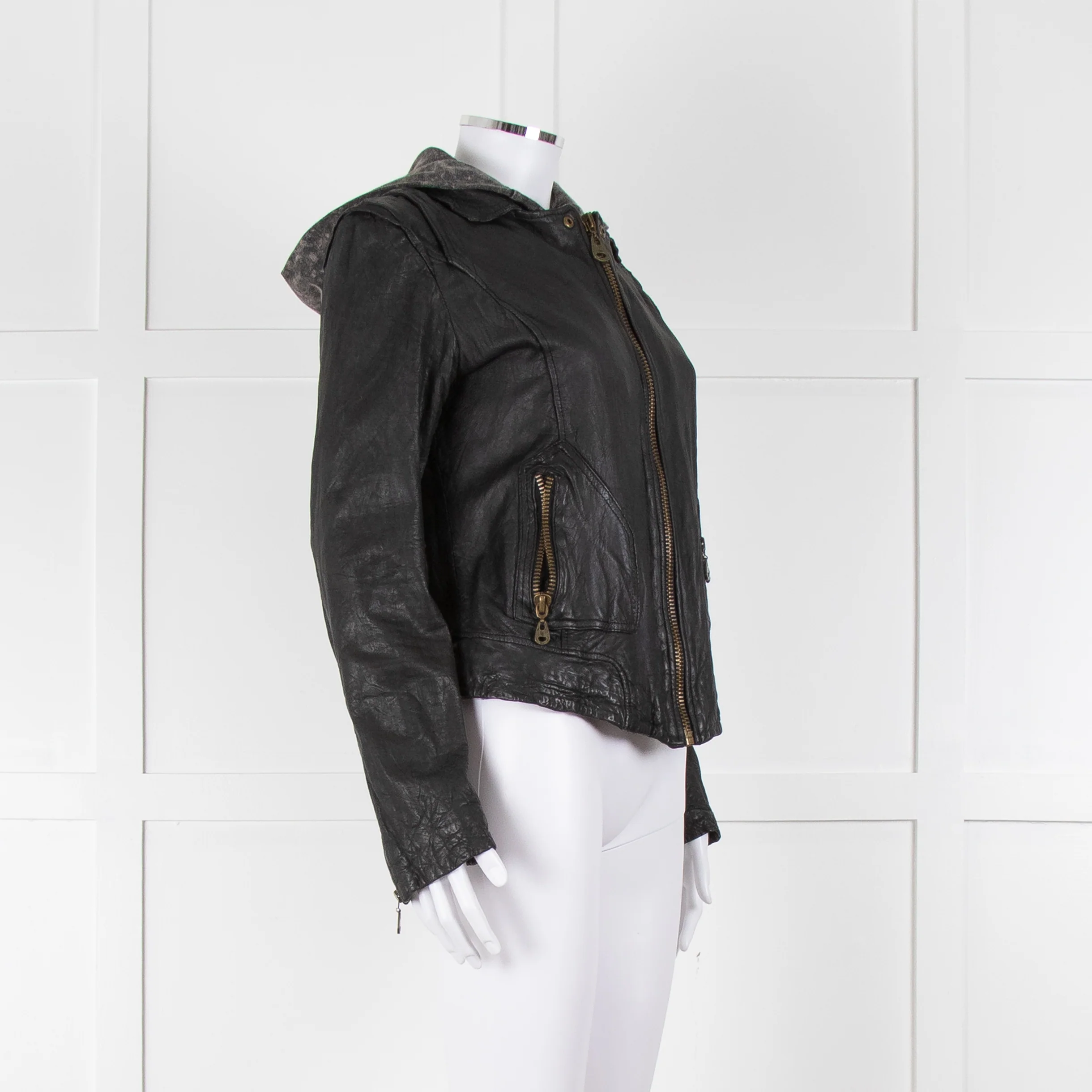 Doma Black Leather Jacket with Detachable Cotton Hood - Image 2