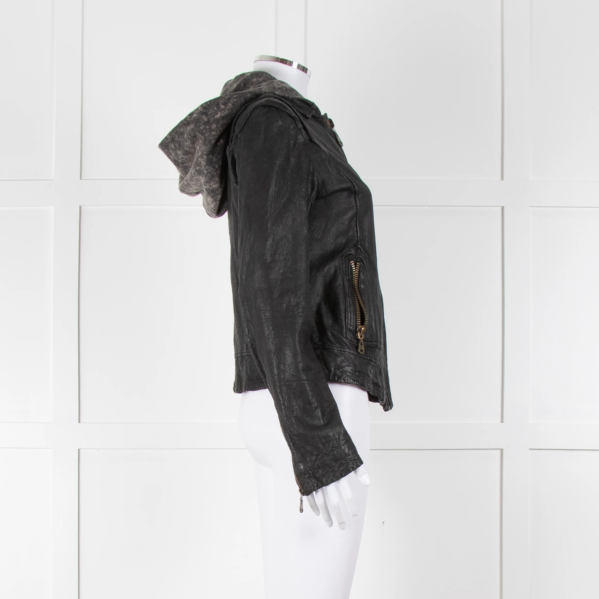 Doma Black Leather Jacket with Detachable Cotton Hood - Image 3