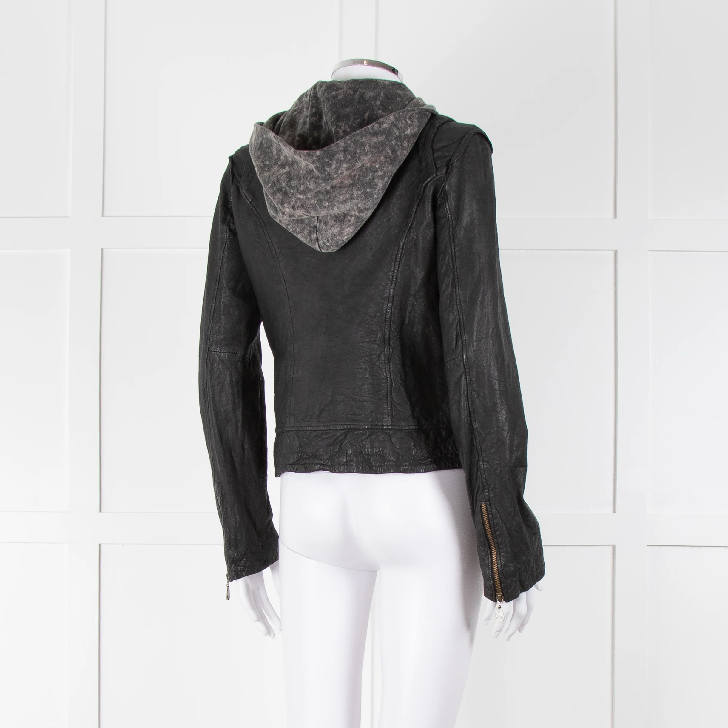 Doma Black Leather Jacket with Detachable Cotton Hood - Image 4