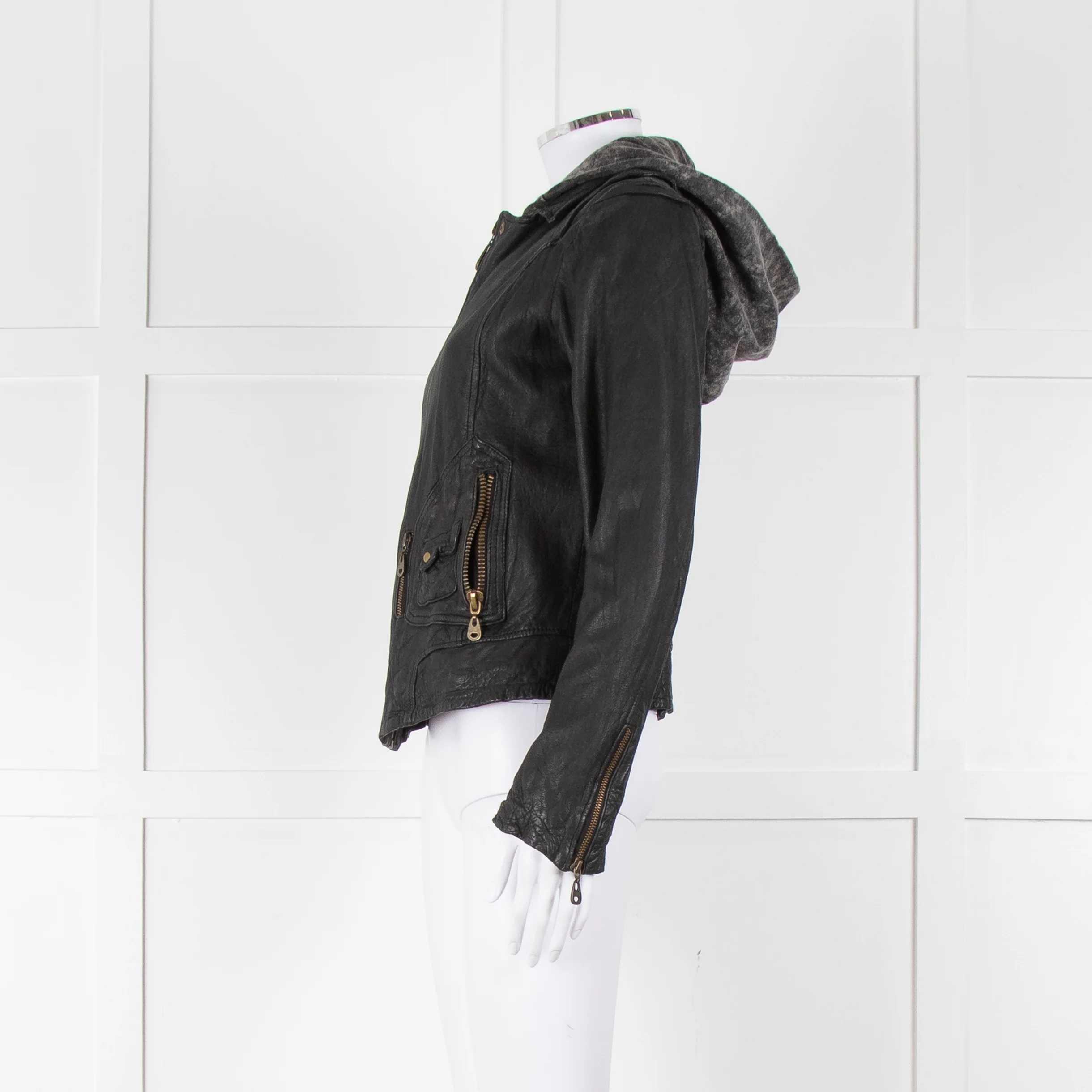 Doma Black Leather Jacket with Detachable Cotton Hood - Image 7