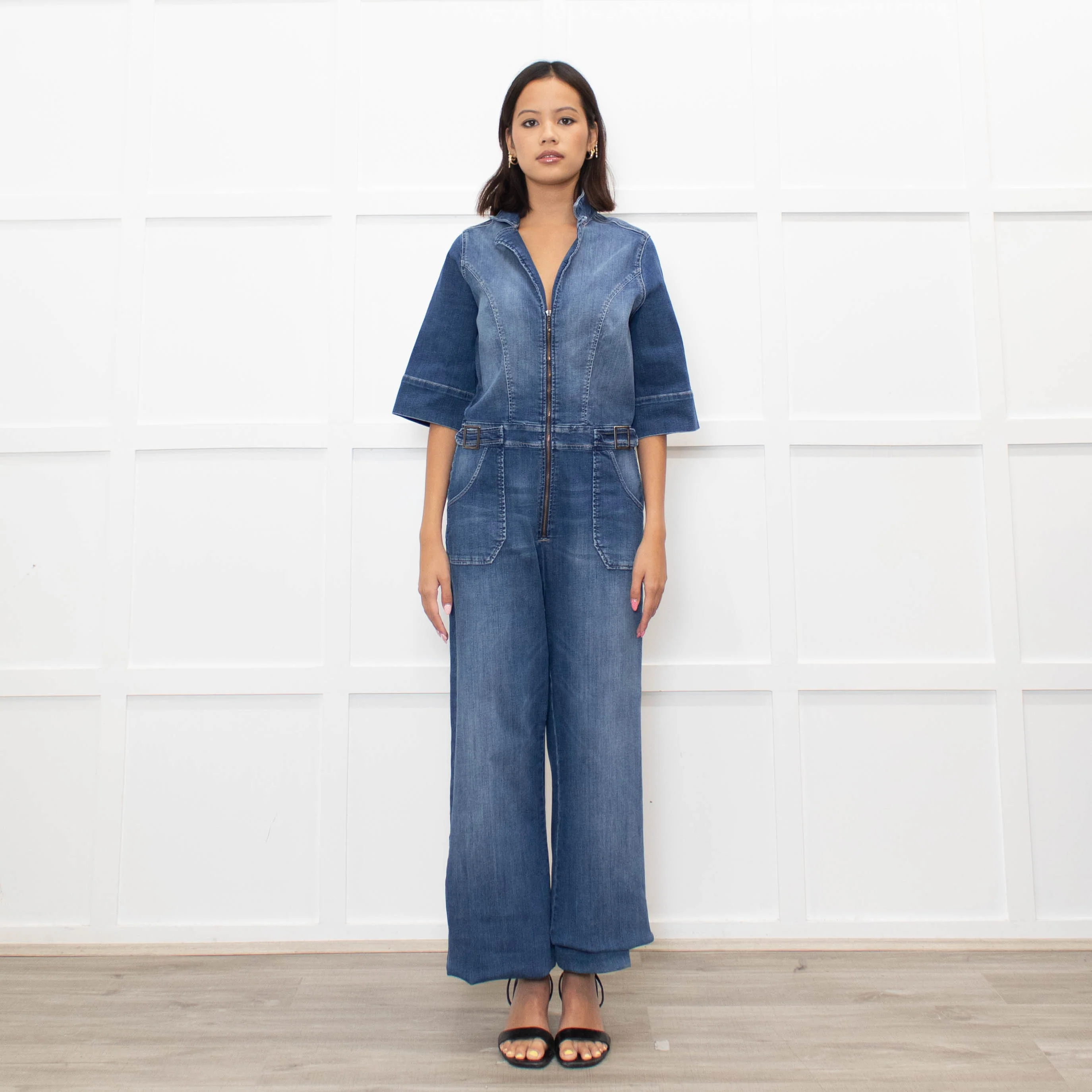 Donna Ida Blue Denim Short Sleeve Flared Jumpsuit