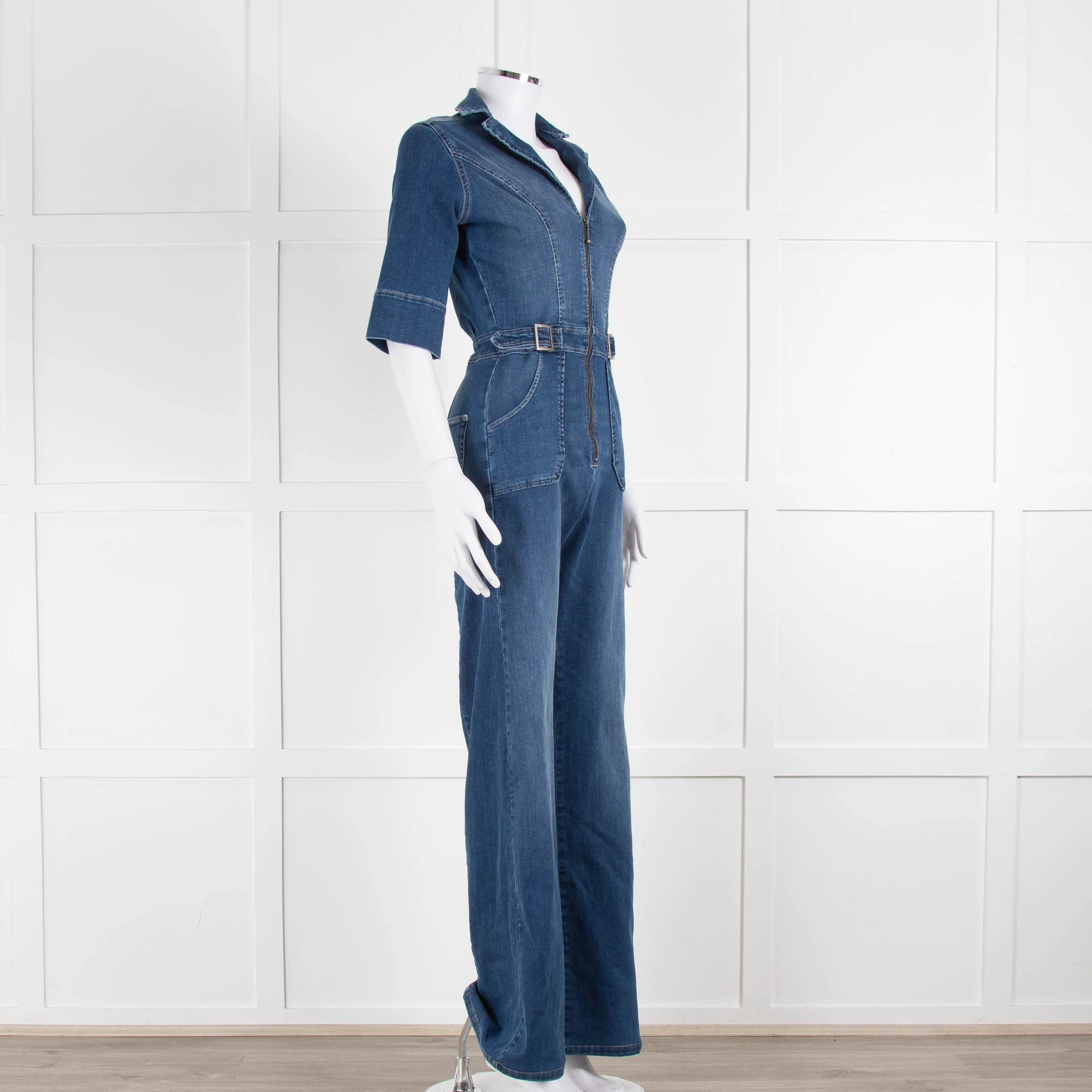 Donna Ida Blue Denim Short Sleeved Flared Jumpsuit - Image 2
