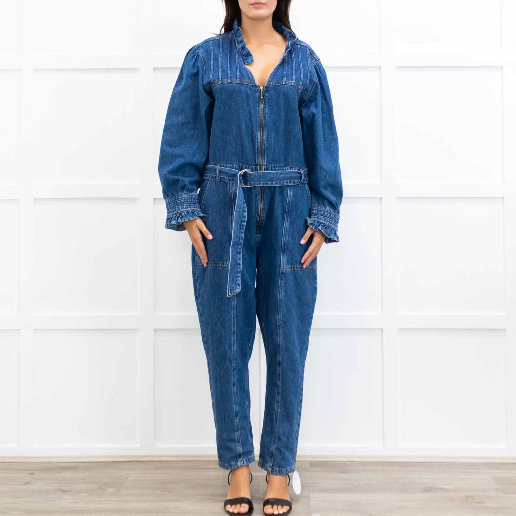 Donna Ida Edna Blue Denim Ruffle Edge Full Length Belted Jumpsuit - Image 2