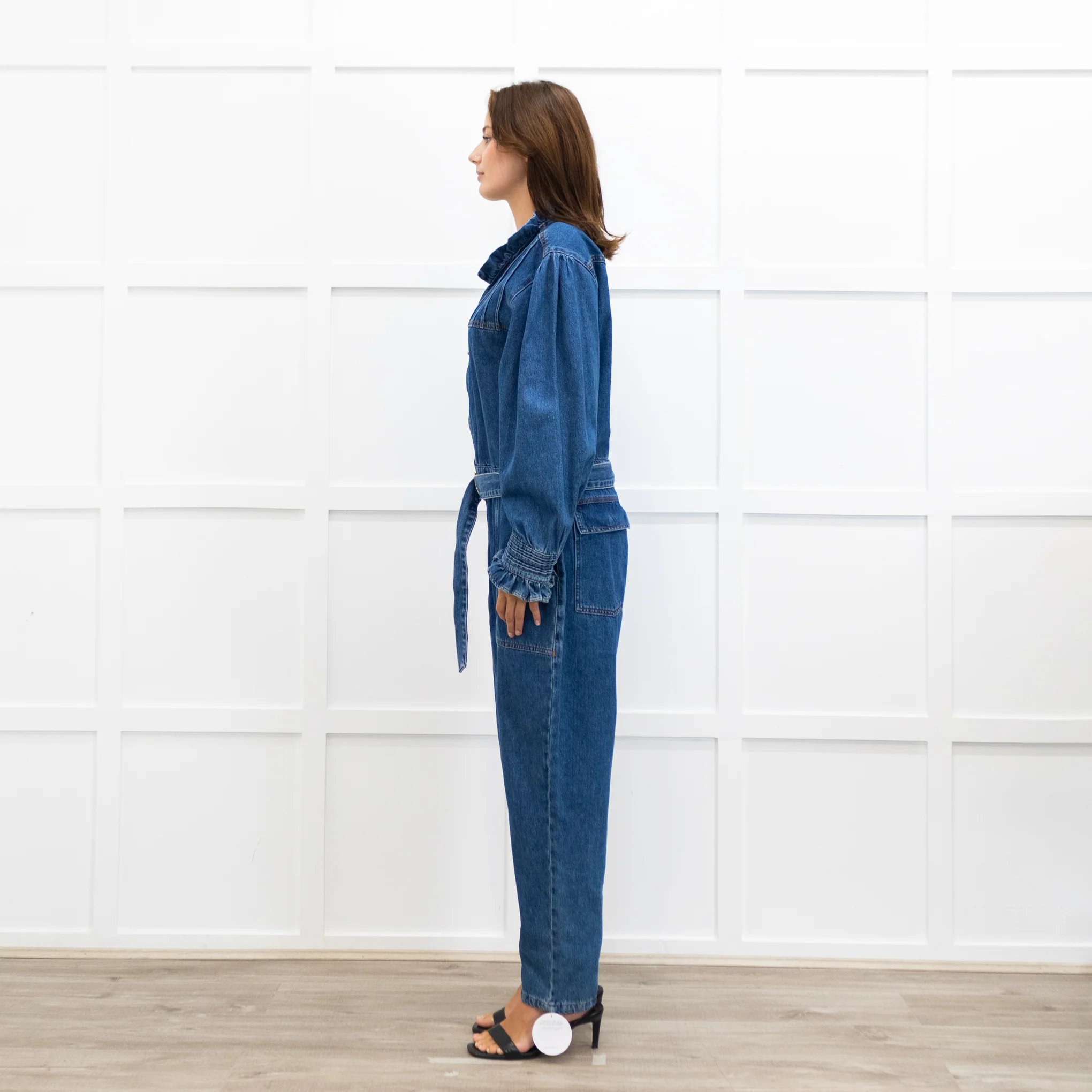 Donna Ida Edna Blue Denim Ruffle Edge Full Length Belted Jumpsuit - Image 4