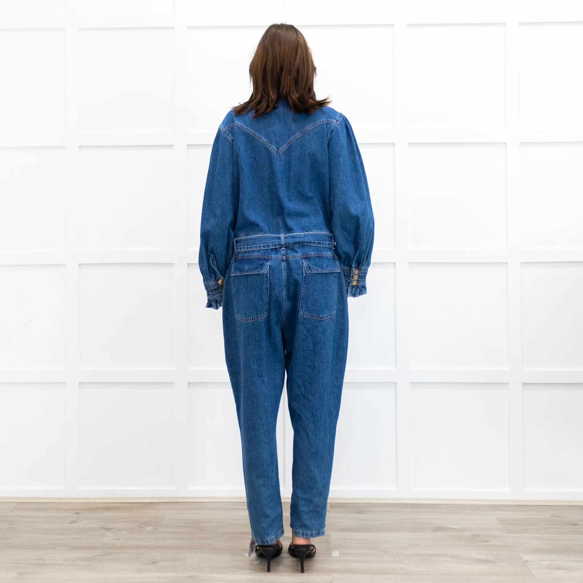 Donna Ida Edna Blue Denim Ruffle Edge Full Length Belted Jumpsuit - Image 5
