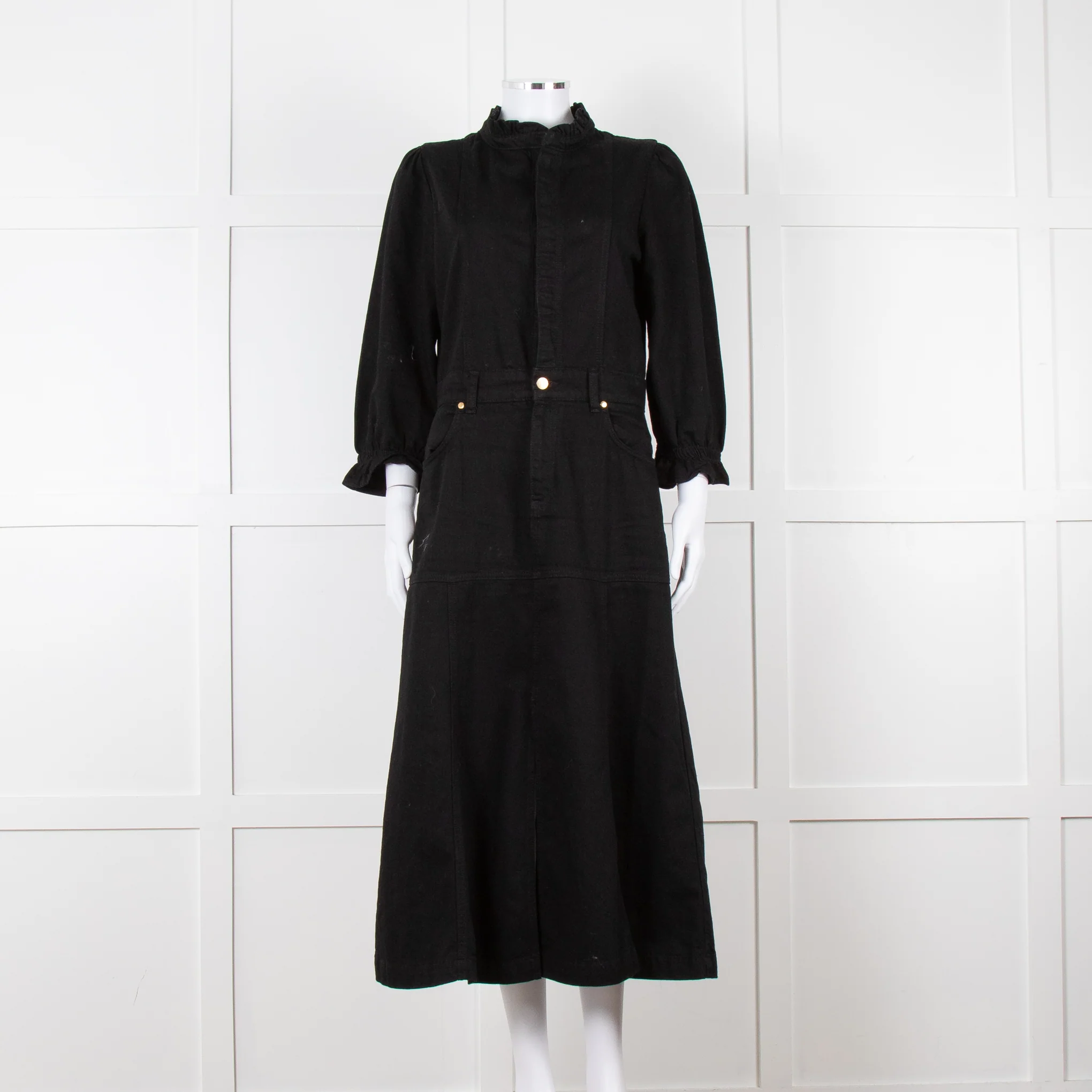 Donna Ida X Fran Bacon Black Frill Collar Denim Midi Dress