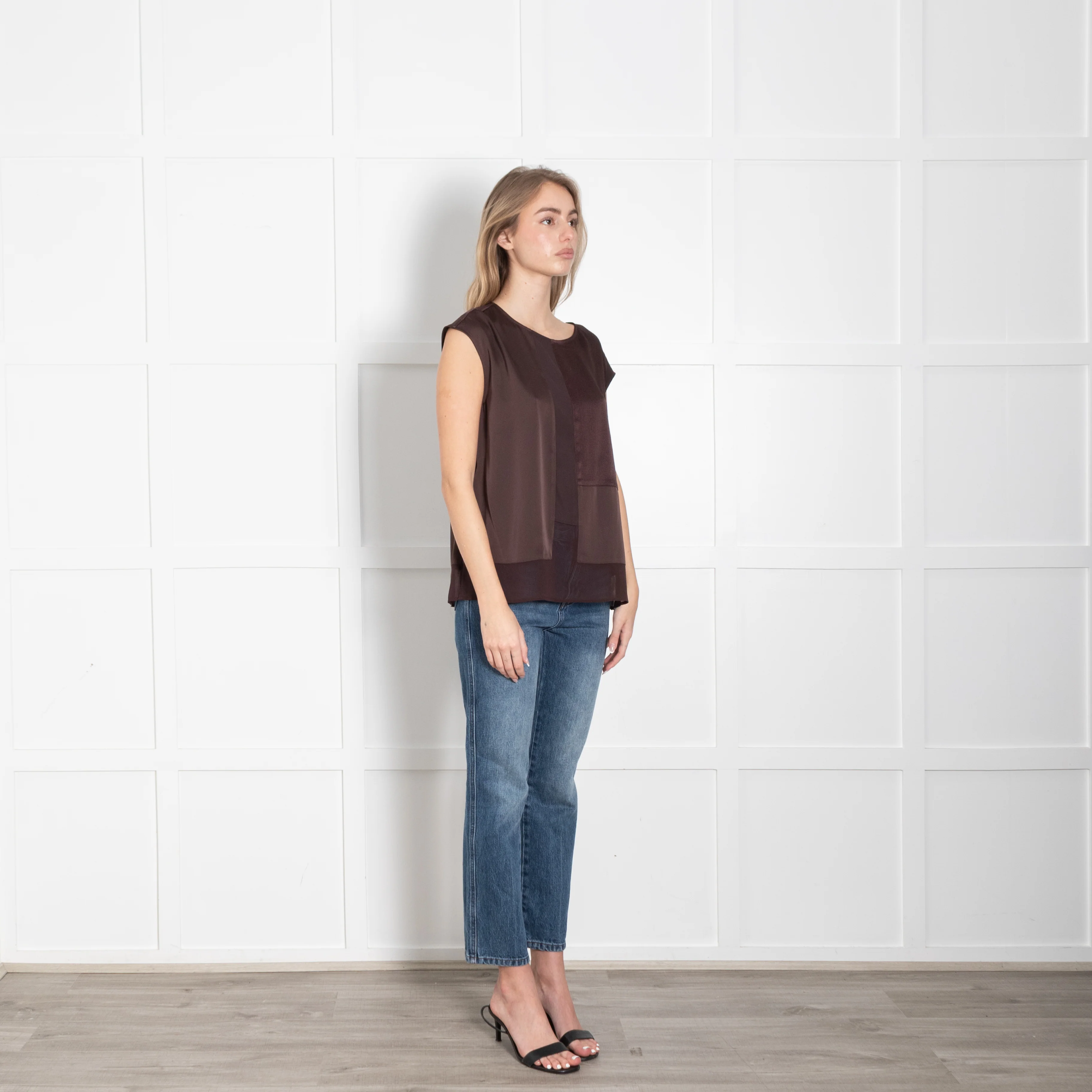 Donna Karan Chocolate Brown Chiffon Trim Sleeveless Top - Image 3