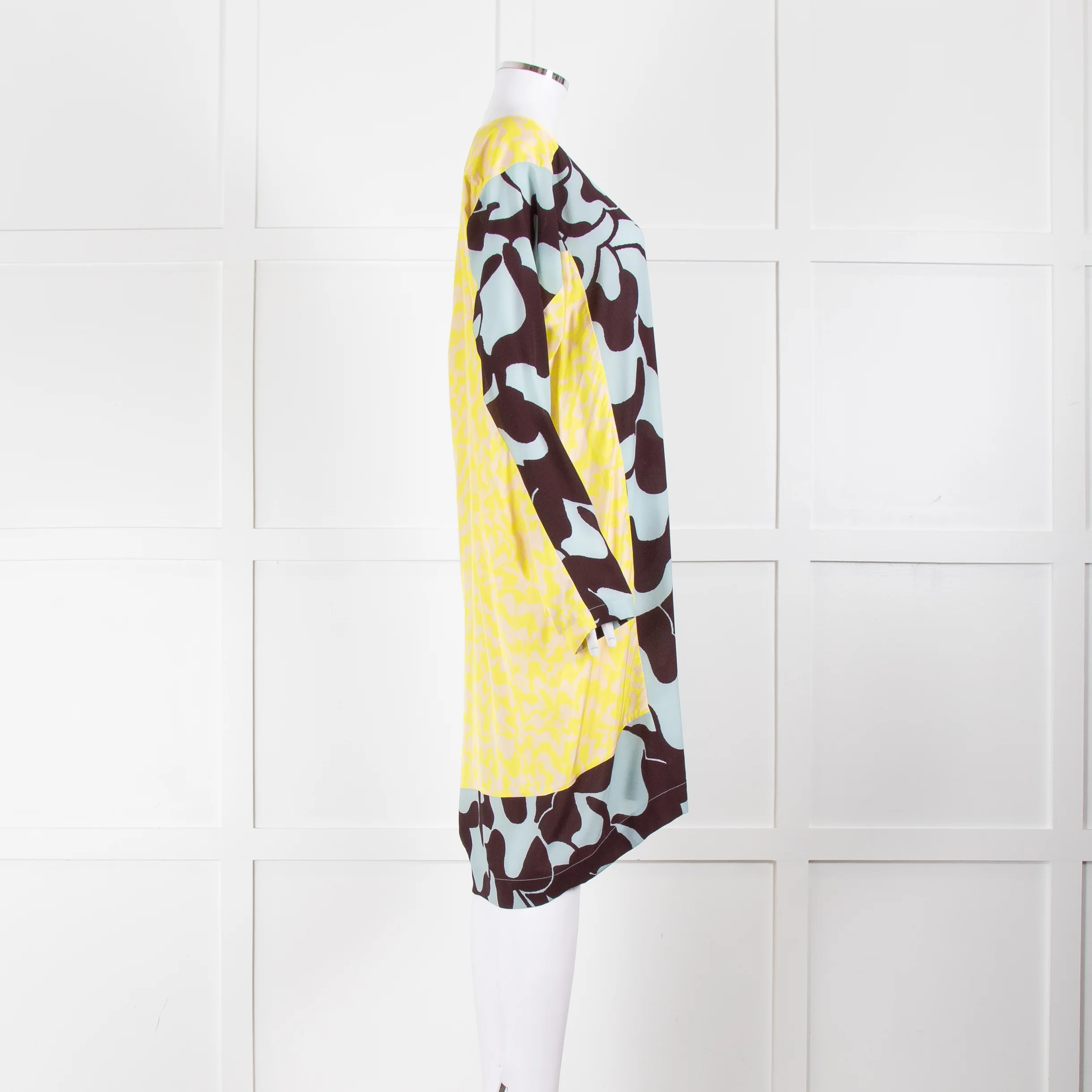 Dries Van Noten Blue Yellow Multi Print Long Sleeve Tunic Dress - Image 3