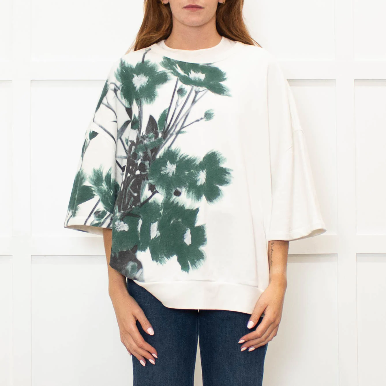 Dries Van Noten Cream Green Floral Shortsleeve Sweatshirt - Image 2