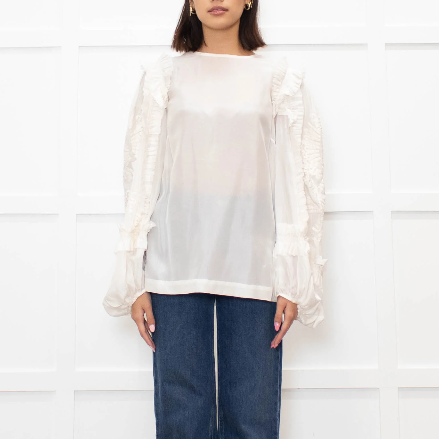 Dries Van Noten Cream Silk Blouse with Applique Sleeves - Image 2