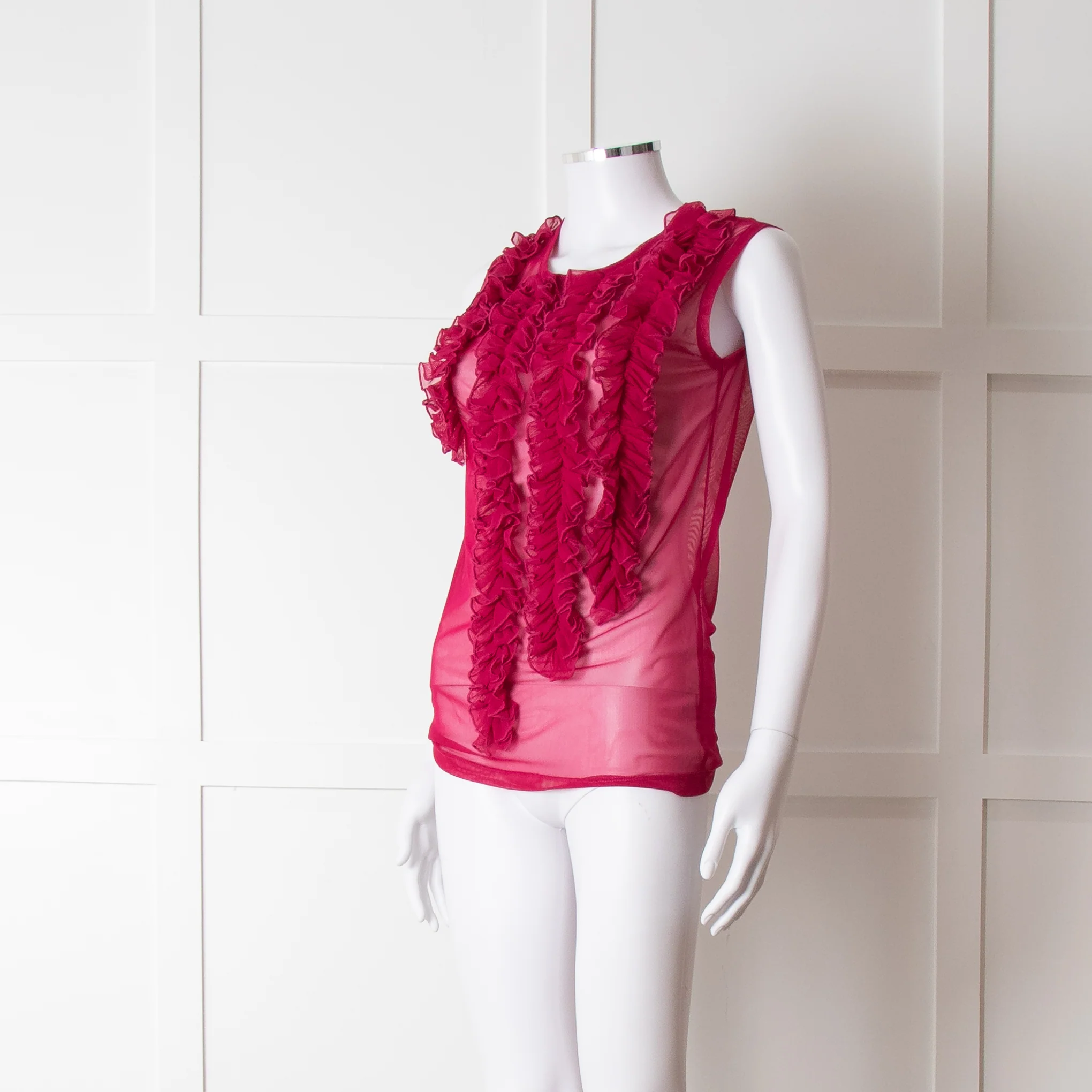 Dries Van Noten Magenta Net Front Frill Sleeveless Top - Image 2
