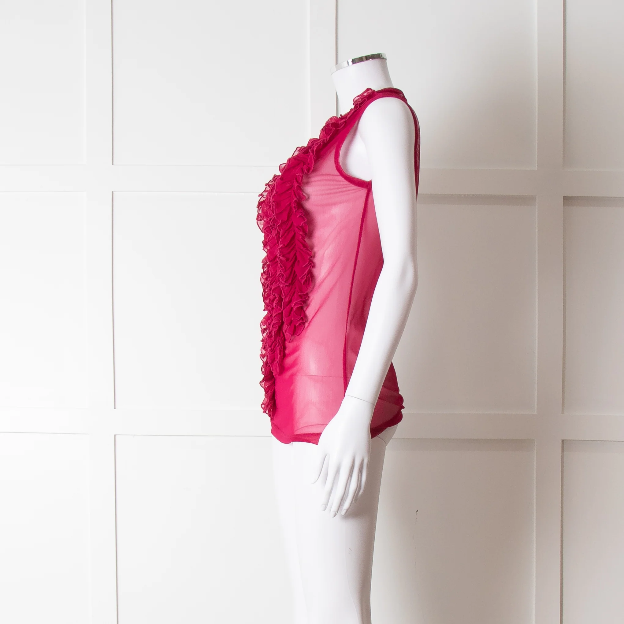 Dries Van Noten Magenta Net Front Frill Sleeveless Top - Image 3