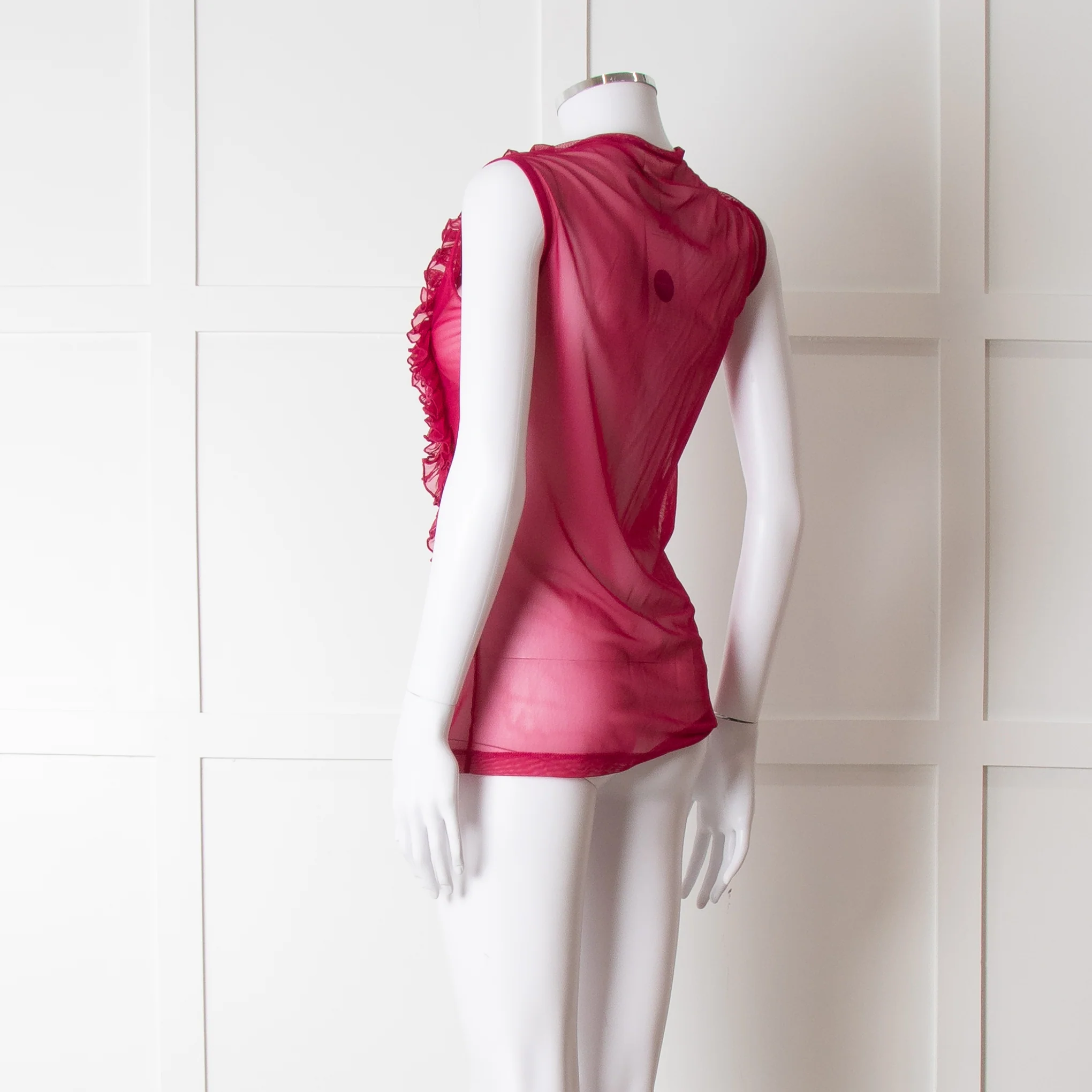 Dries Van Noten Magenta Net Front Frill Sleeveless Top - Image 4