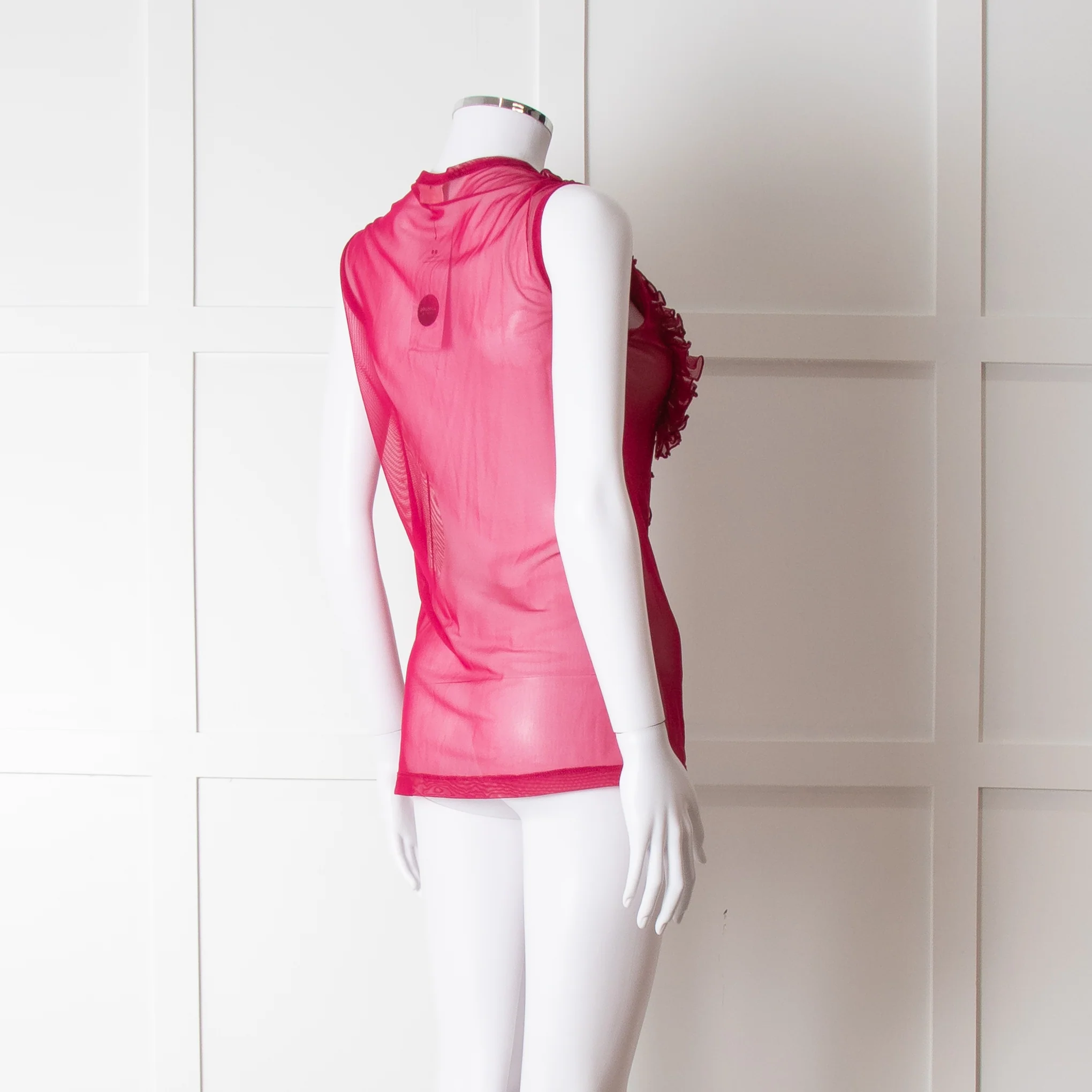 Dries Van Noten Magenta Net Front Frill Sleeveless Top - Image 6