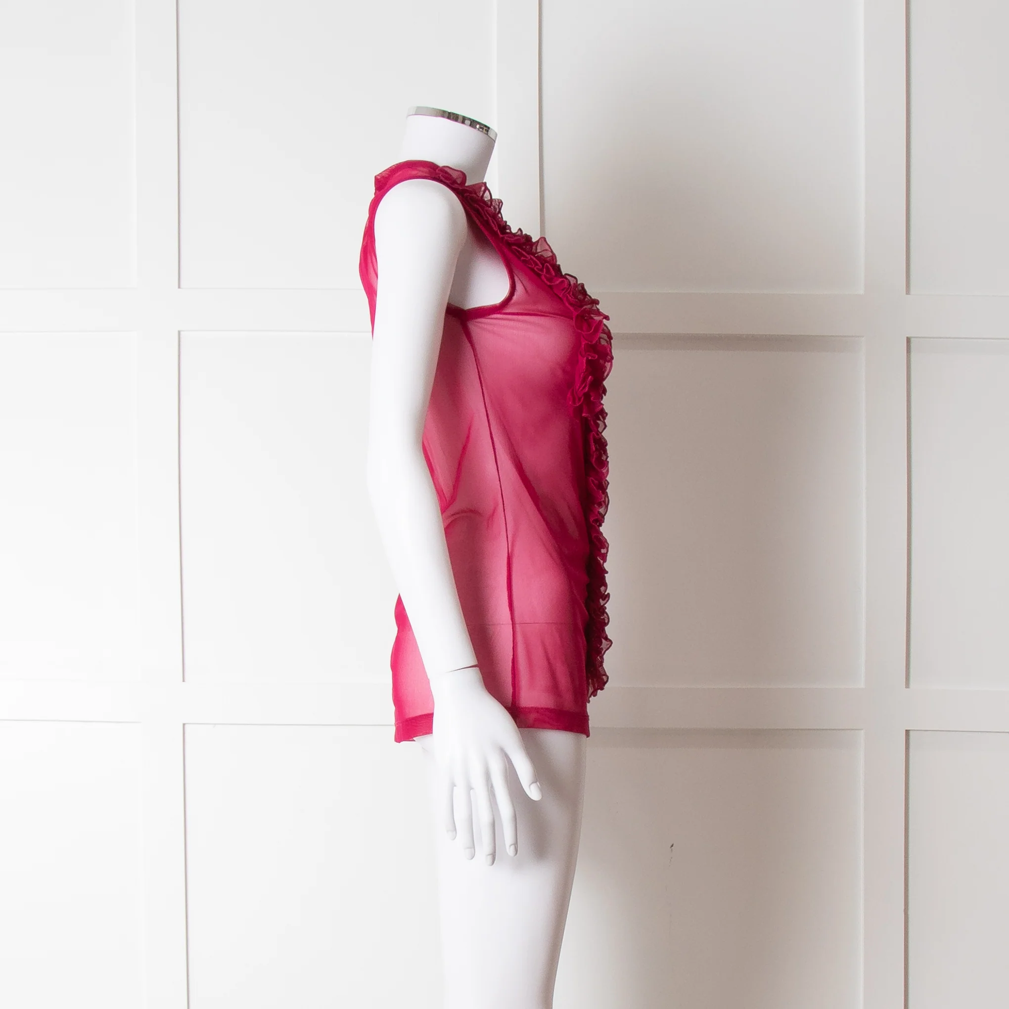 Dries Van Noten Magenta Net Front Frill Sleeveless Top - Image 7