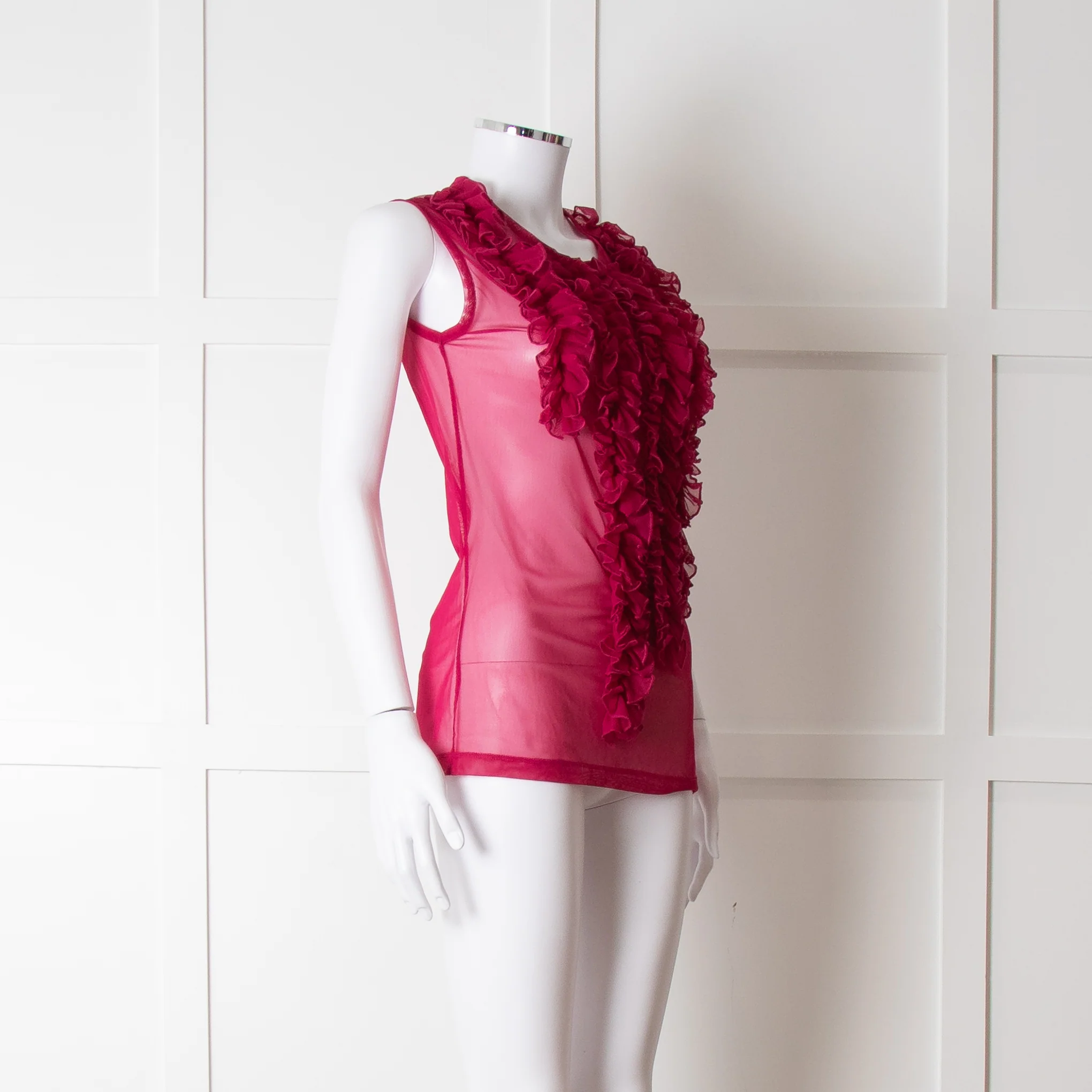 Dries Van Noten Magenta Net Front Frill Sleeveless Top - Image 8
