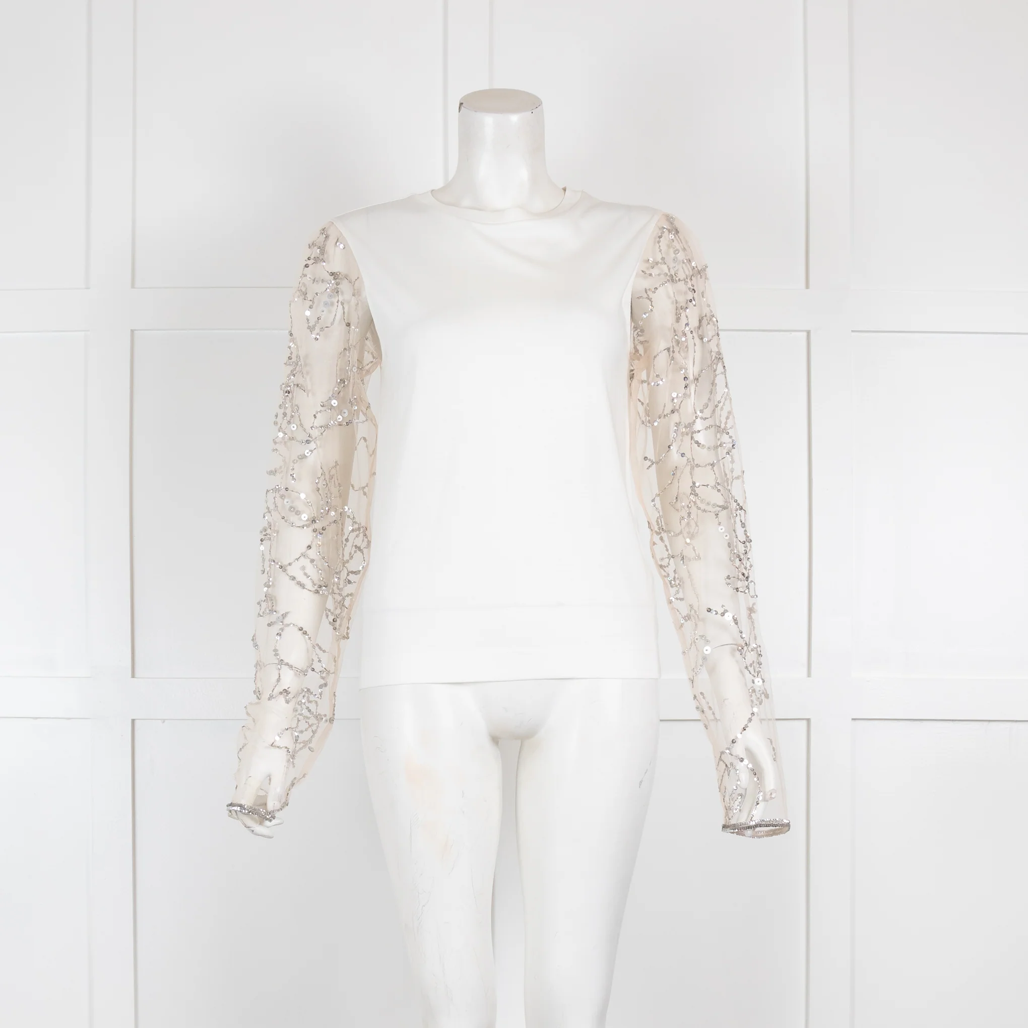 Dries Van Noten White Sequin Net Sleeve Top