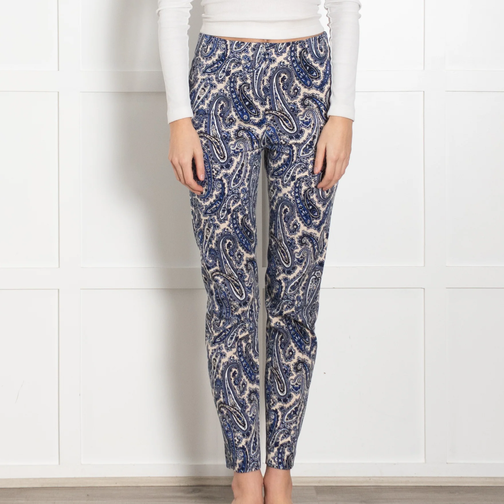 DVF Cream Blue Paisley Print Cotton Blend Trousers - Image 2