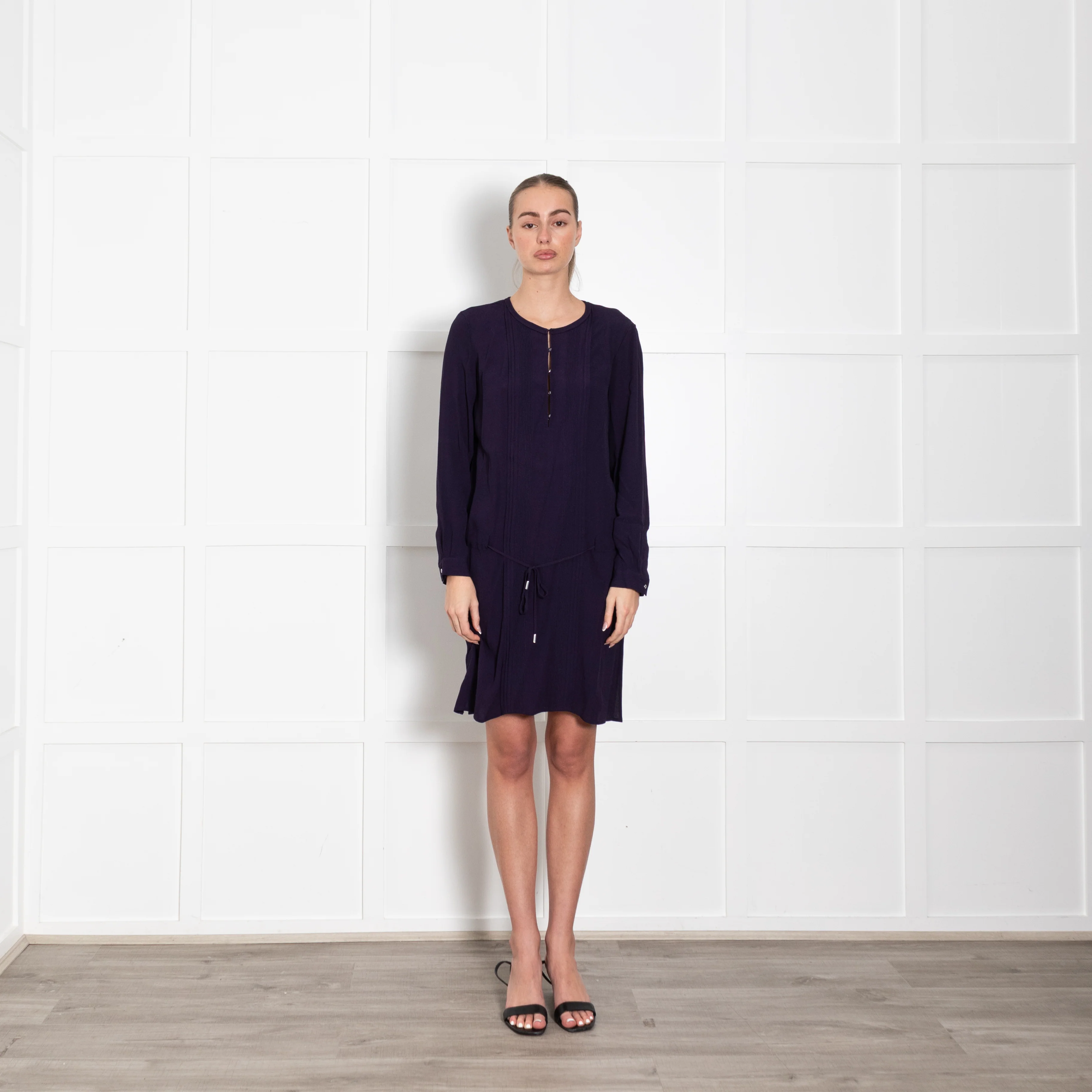 DVF Purple Pleats Detail Long Sleeve Dress
