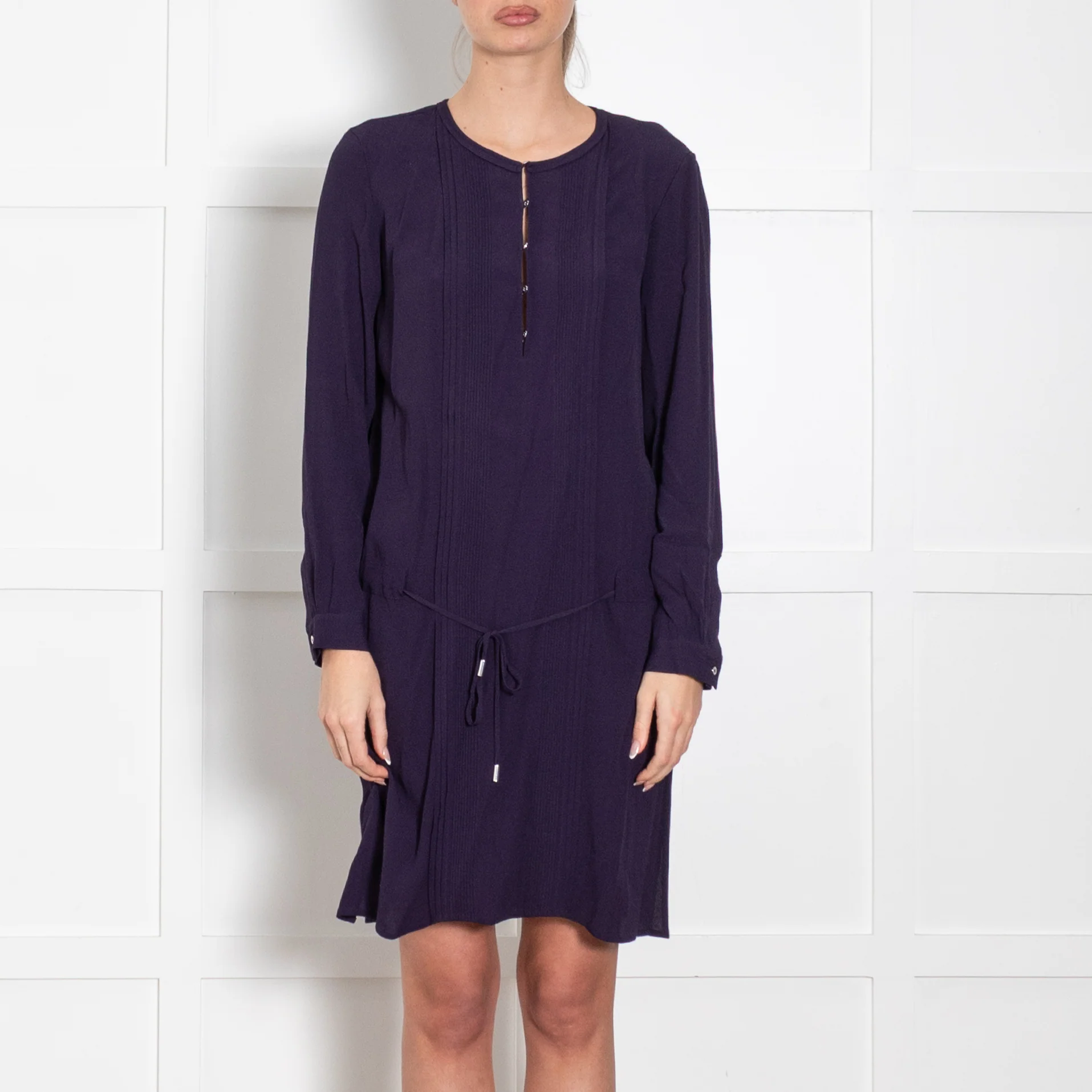 DVF Purple Pleats Detail Long Sleeve Dress - Image 2