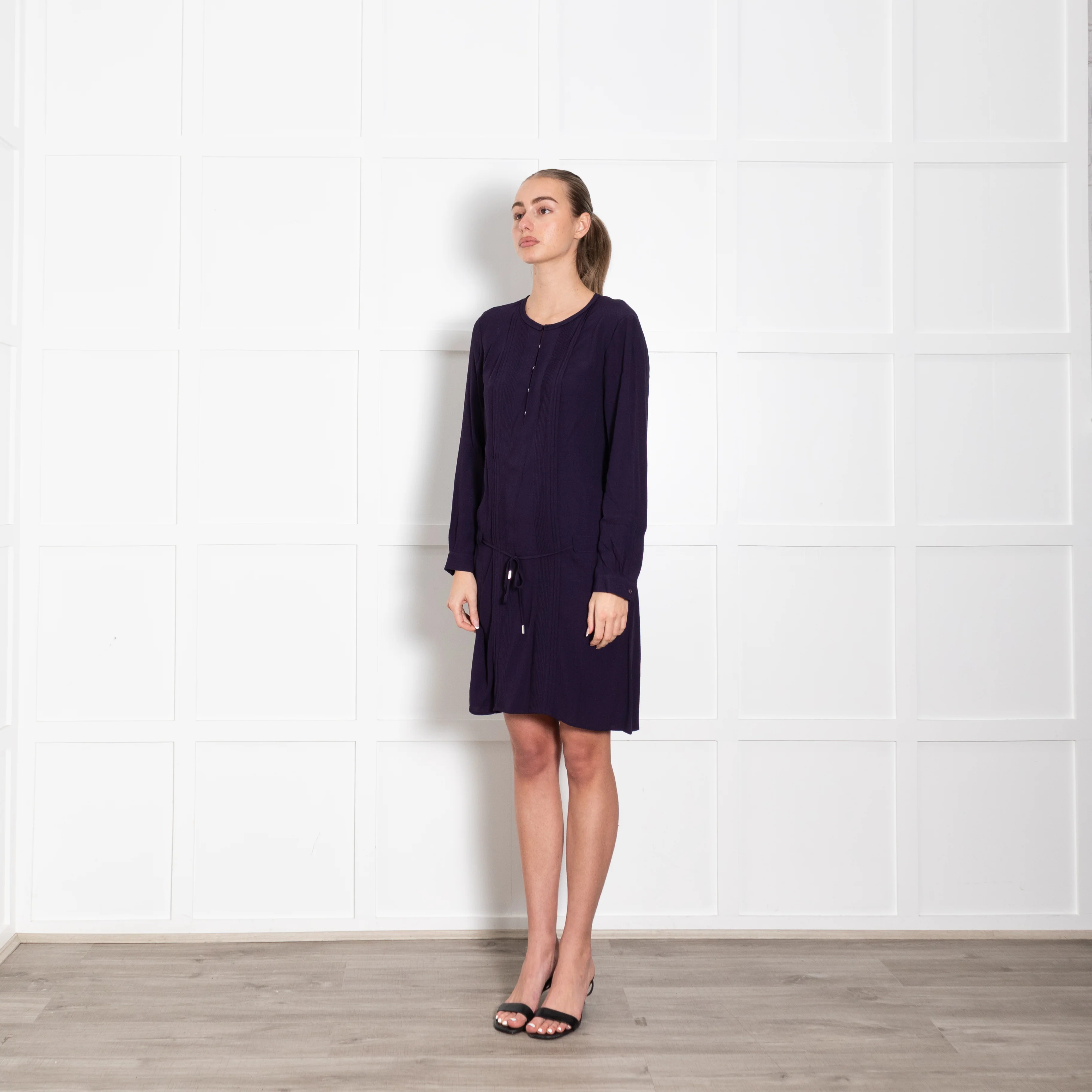 DVF Purple Pleats Detail Long Sleeve Dress - Image 3