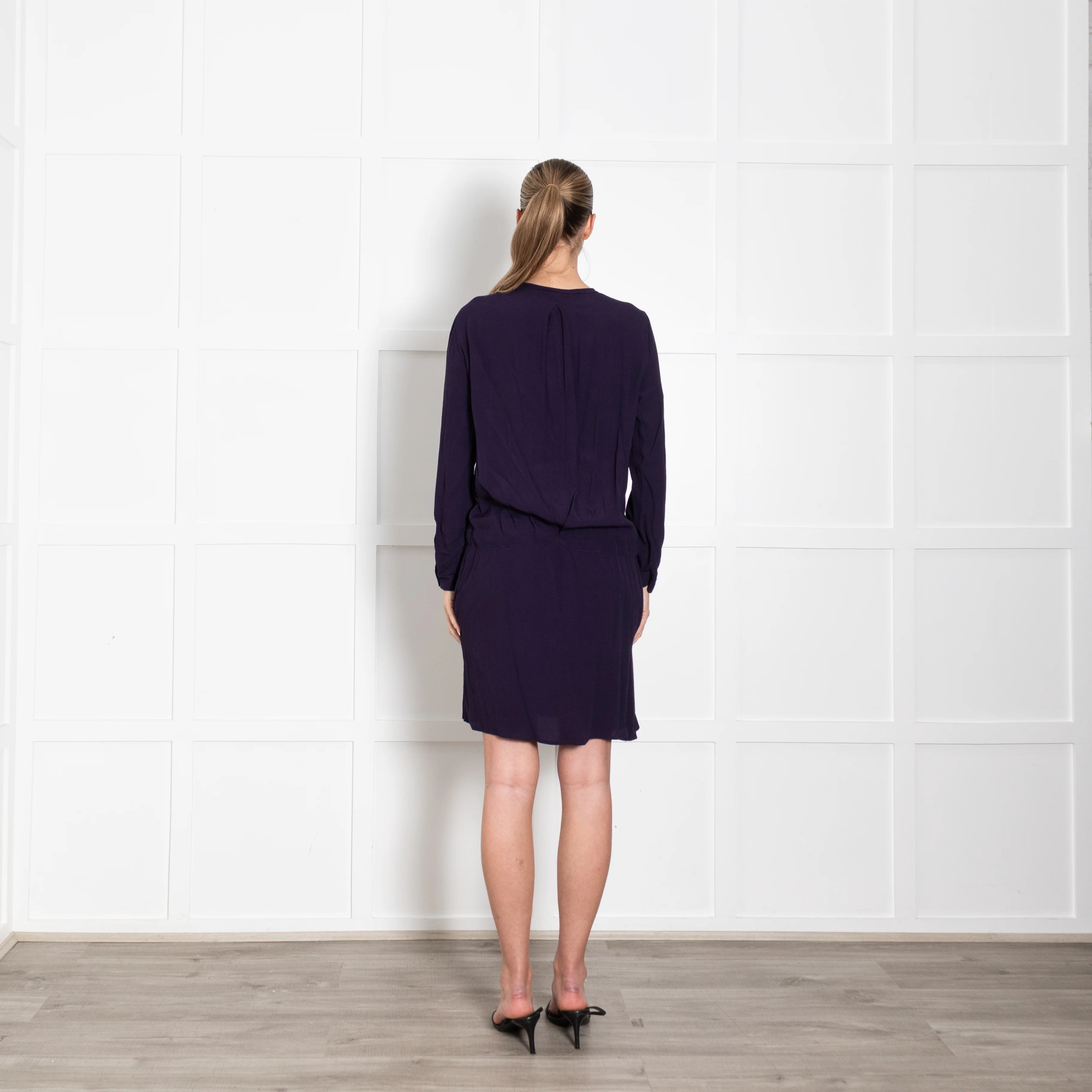DVF Purple Pleats Detail Long Sleeve Dress - Image 5