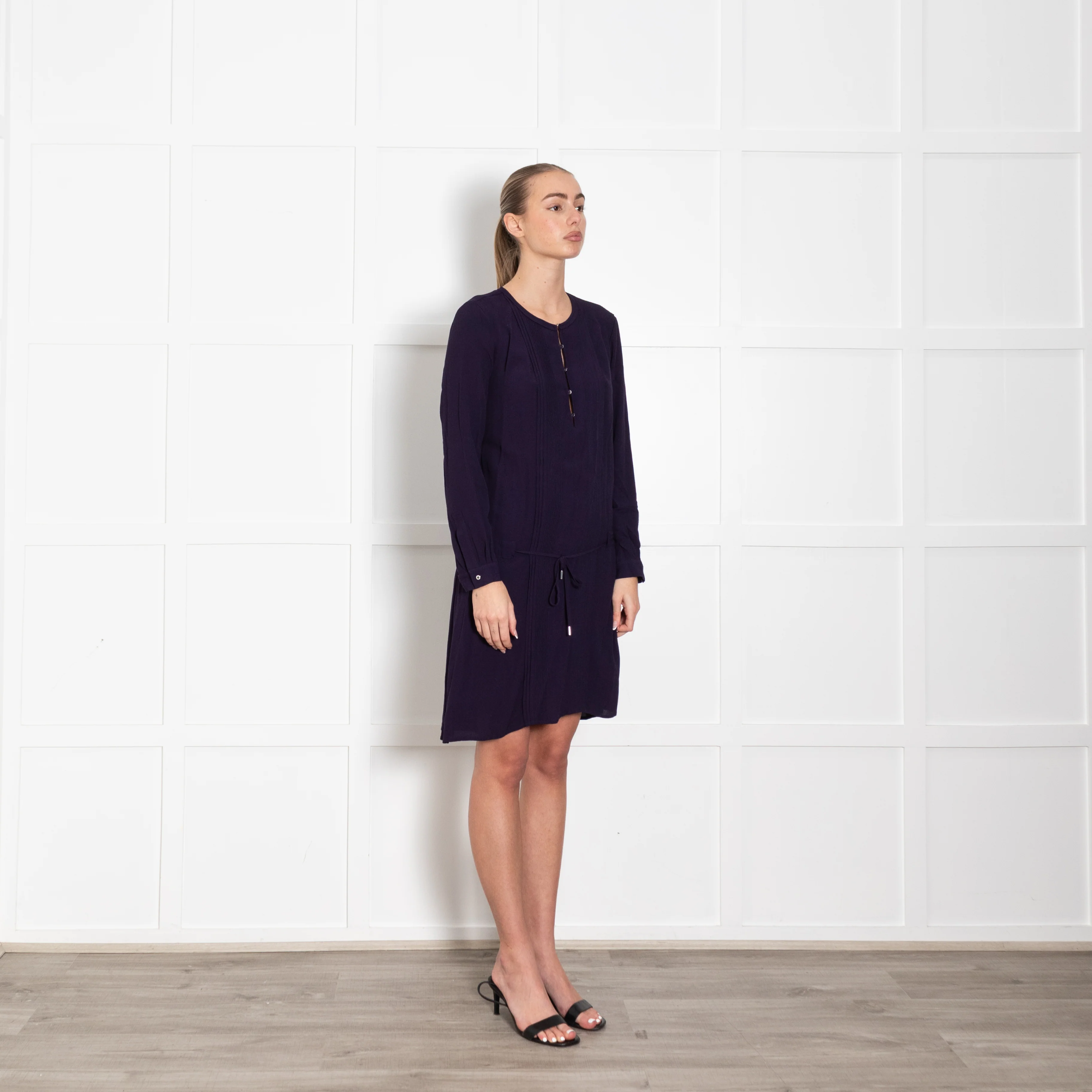 DVF Purple Pleats Detail Long Sleeve Dress - Image 7