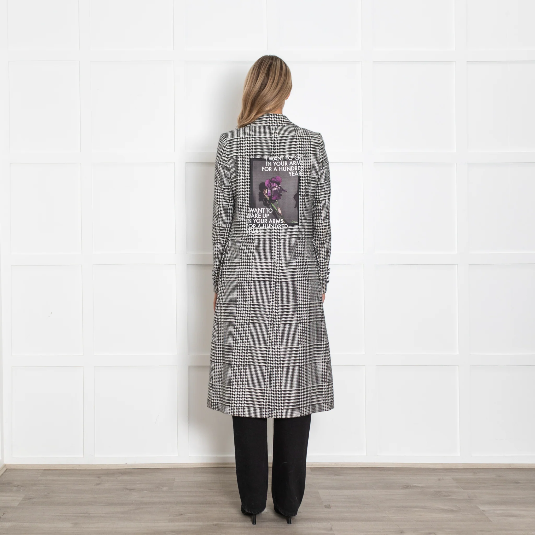 Each Other Black and White Houndstooth Wool Coat with Back Motif - Image 5