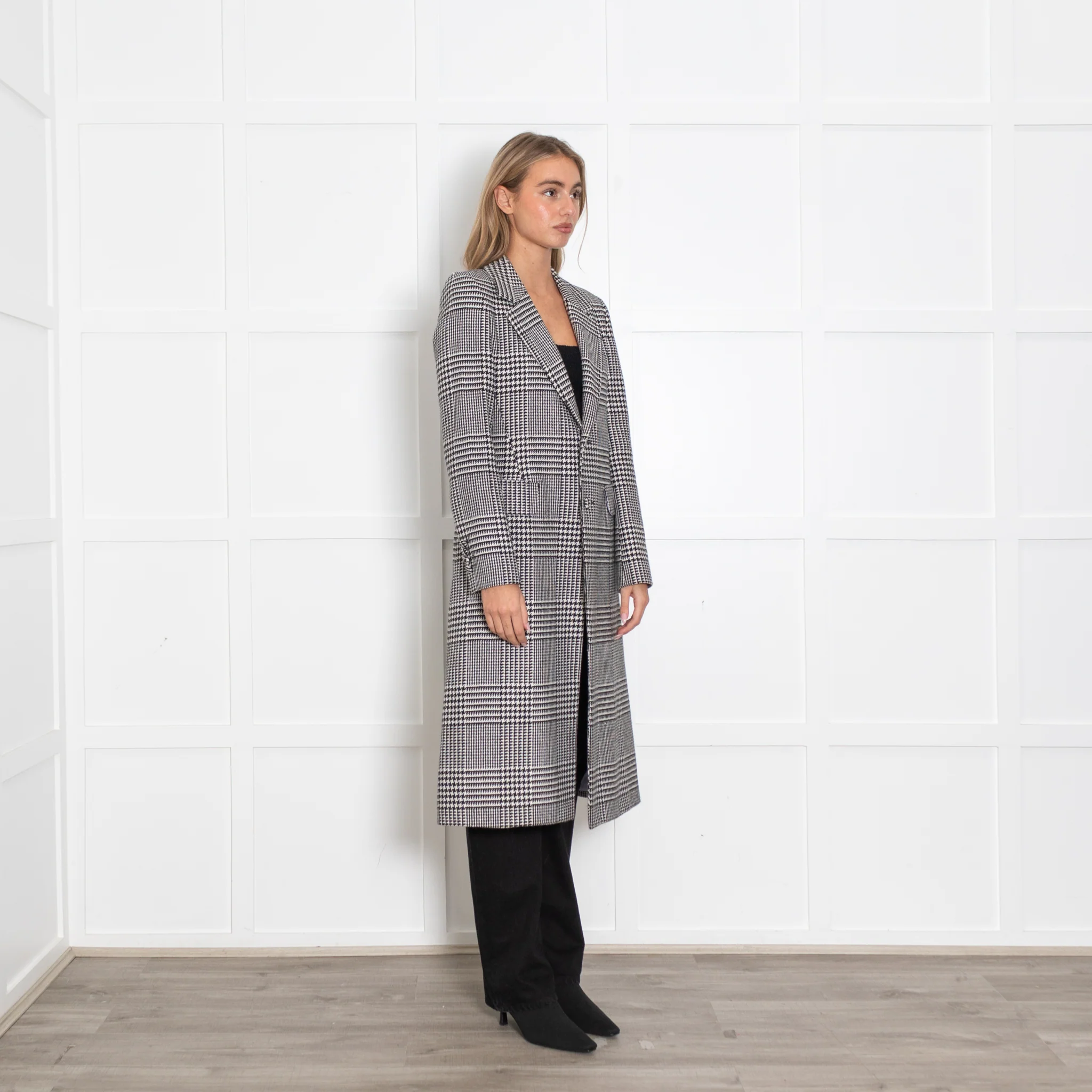Each Other Black and White Houndstooth Wool Coat with Back Motif - Image 7