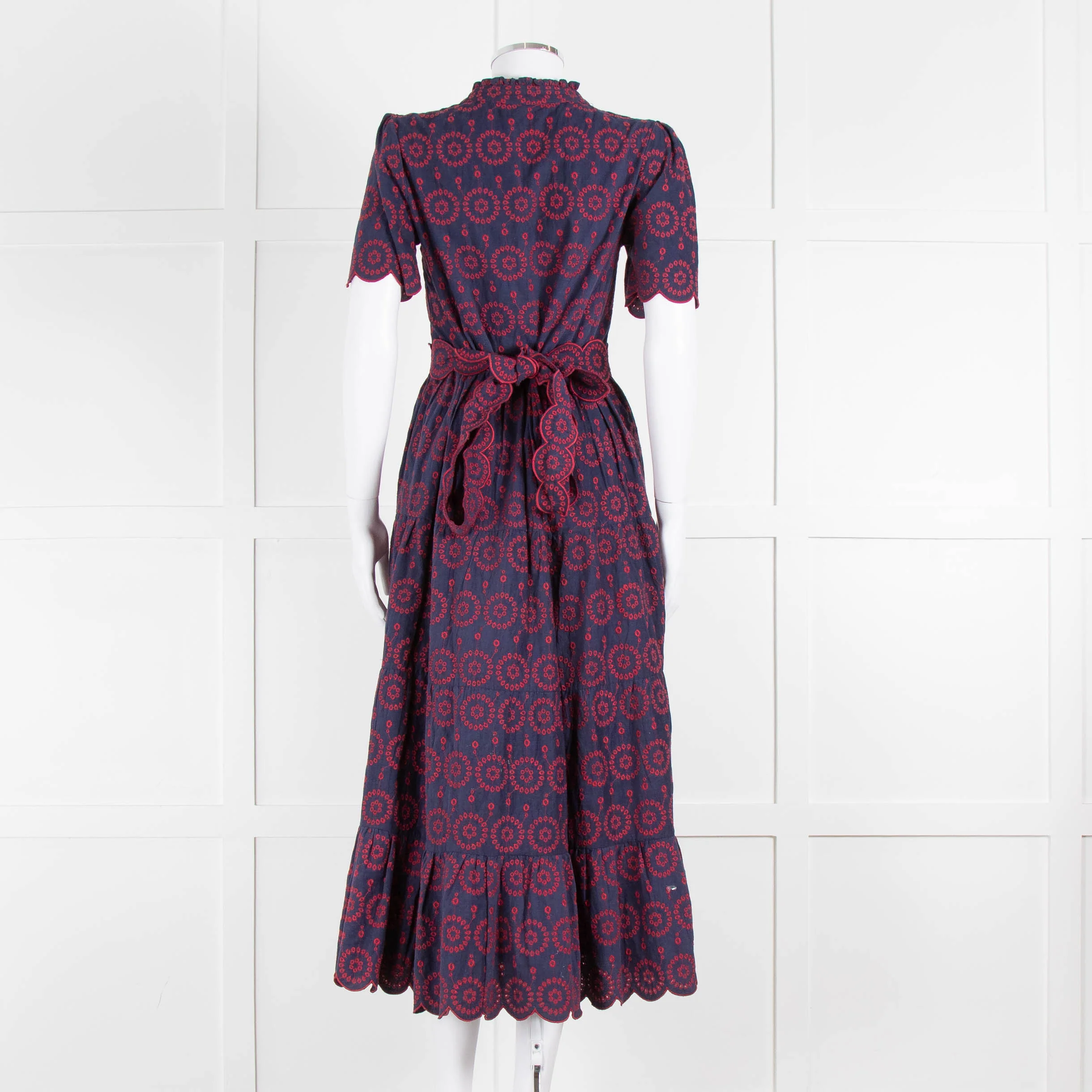 Edit-One Navy Red Embroidered Belted Tiered Maxi Dress - Image 5