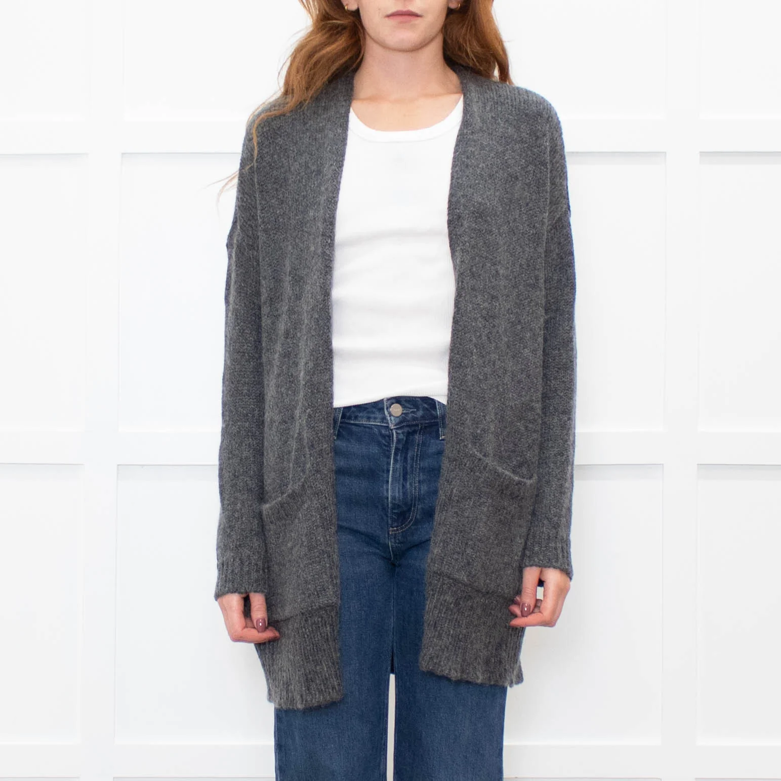 Eileen Fisher Grey Wool Blend long Edge To Edge Cardigan - Image 2