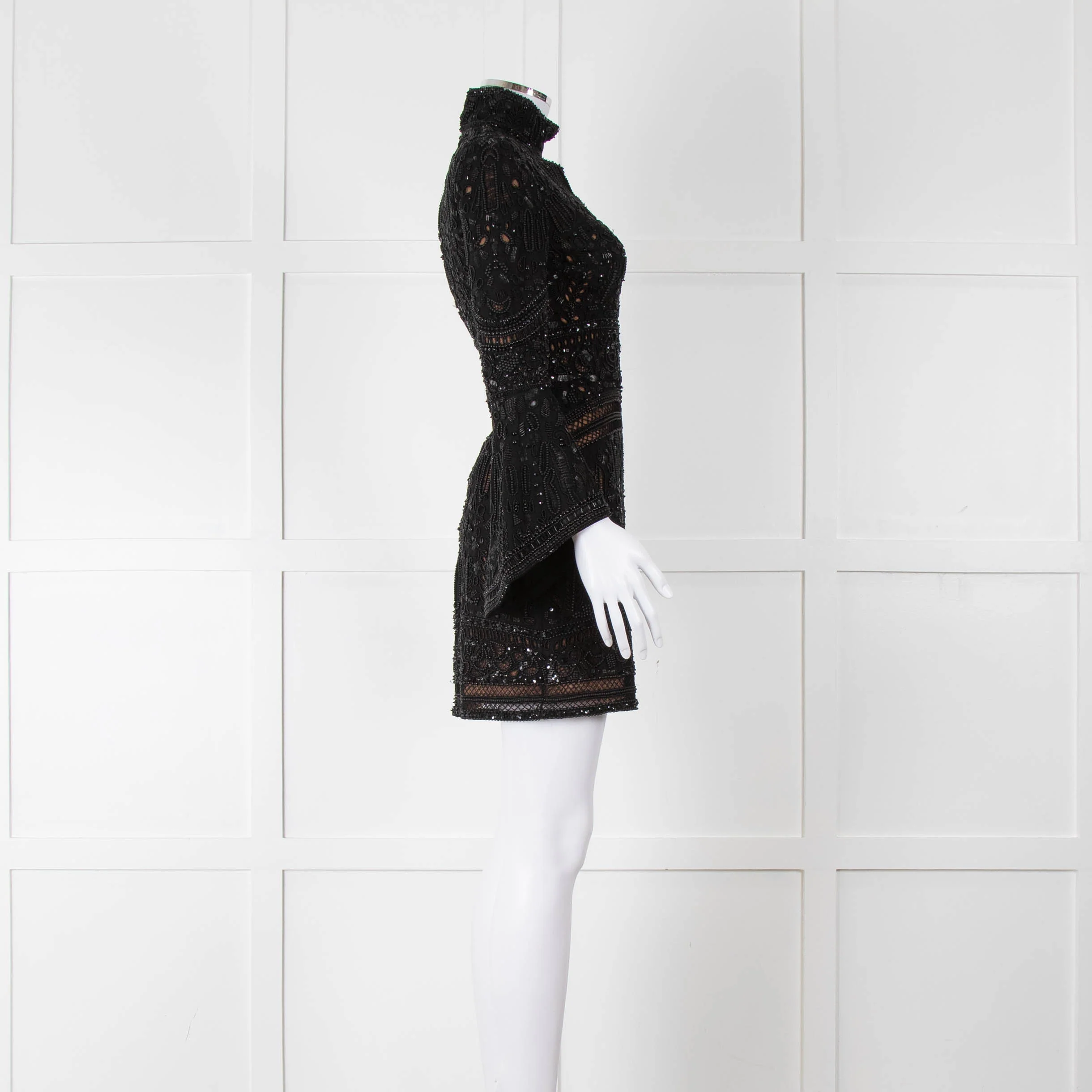 Elie Saab Black Beaded Mini Dress with Fluted Cuffs - Image 3