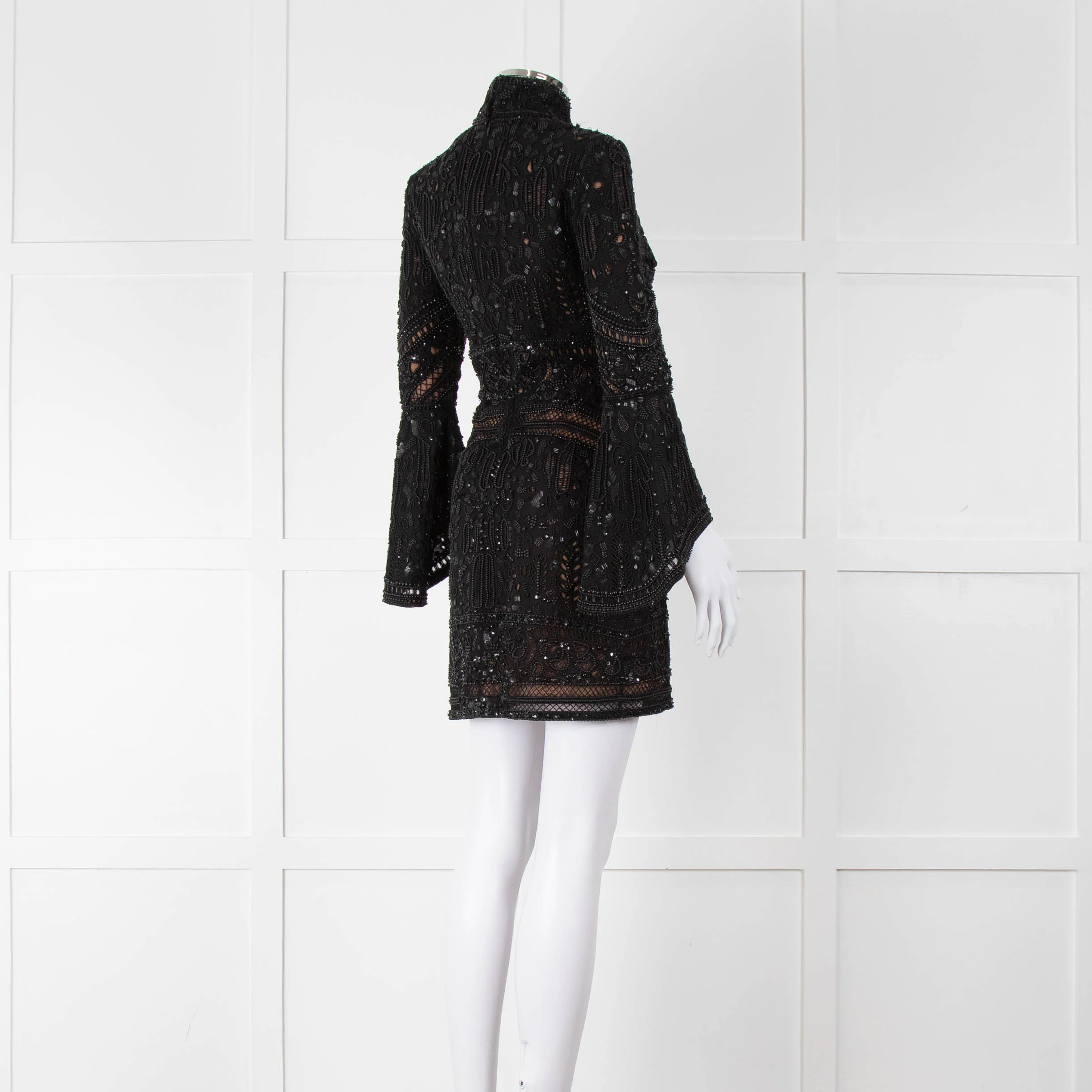 Elie Saab Black Beaded Mini Dress with Fluted Cuffs - Image 4