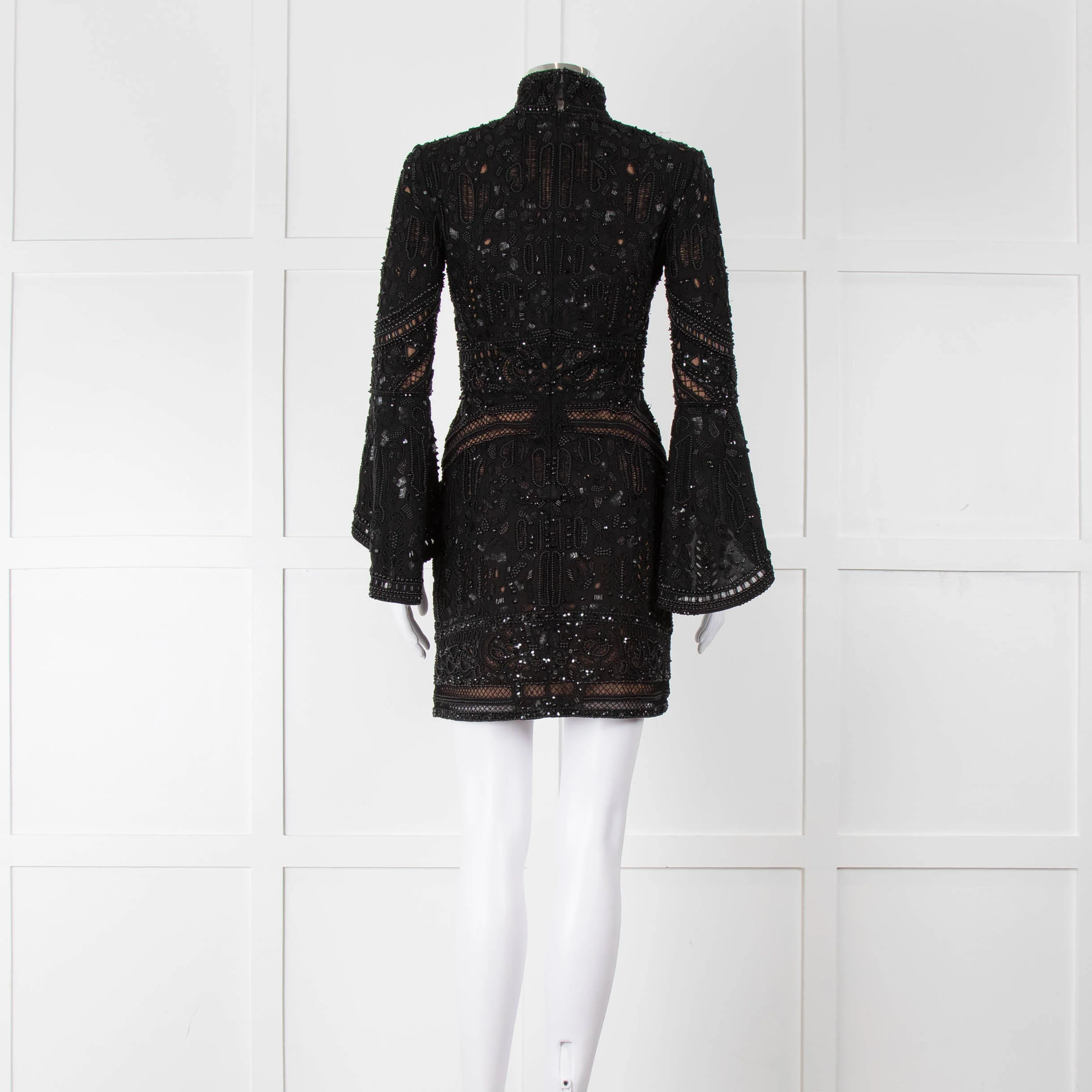 Elie Saab Black Beaded Mini Dress with Fluted Cuffs - Image 5