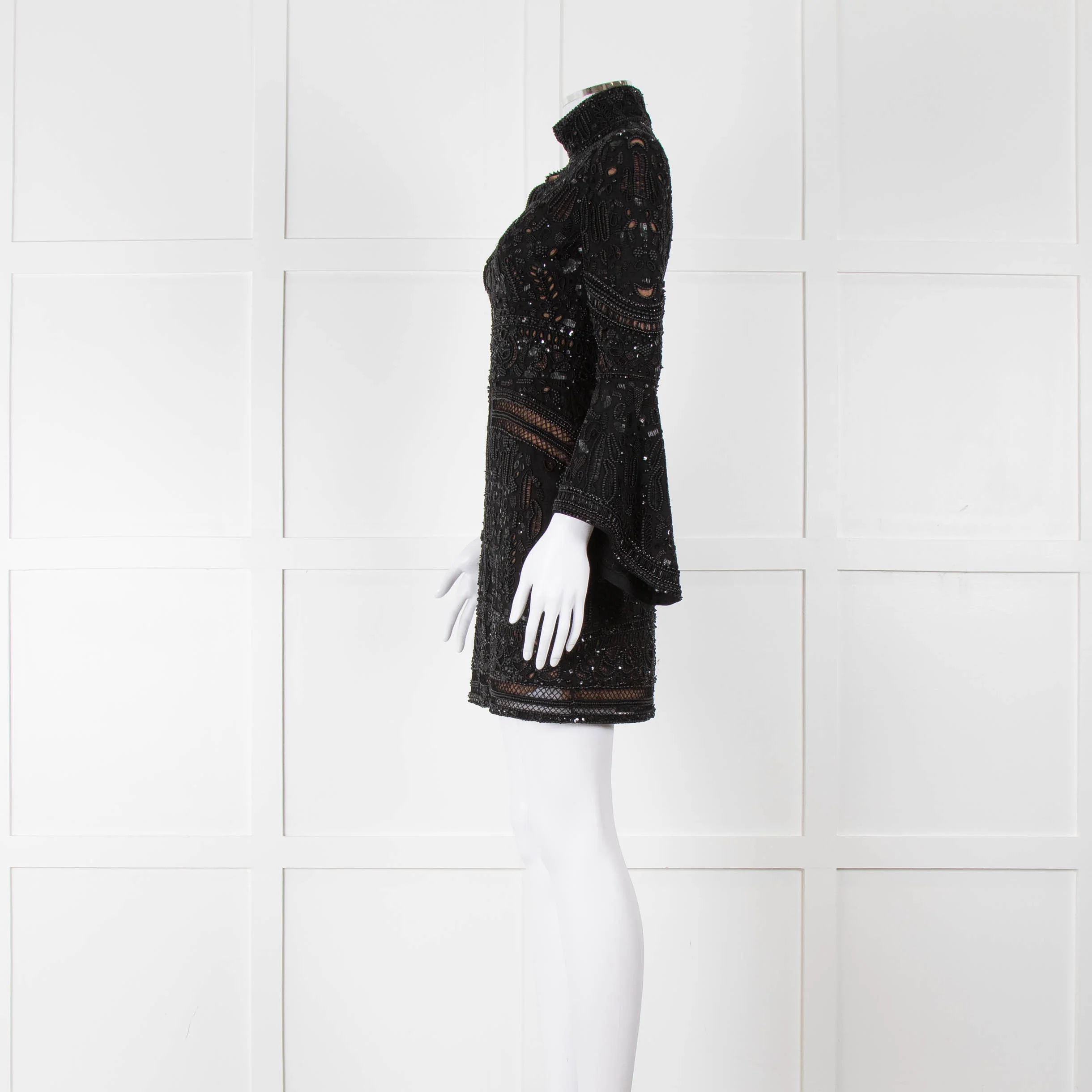 Elie Saab Black Beaded Mini Dress with Fluted Cuffs - Image 7