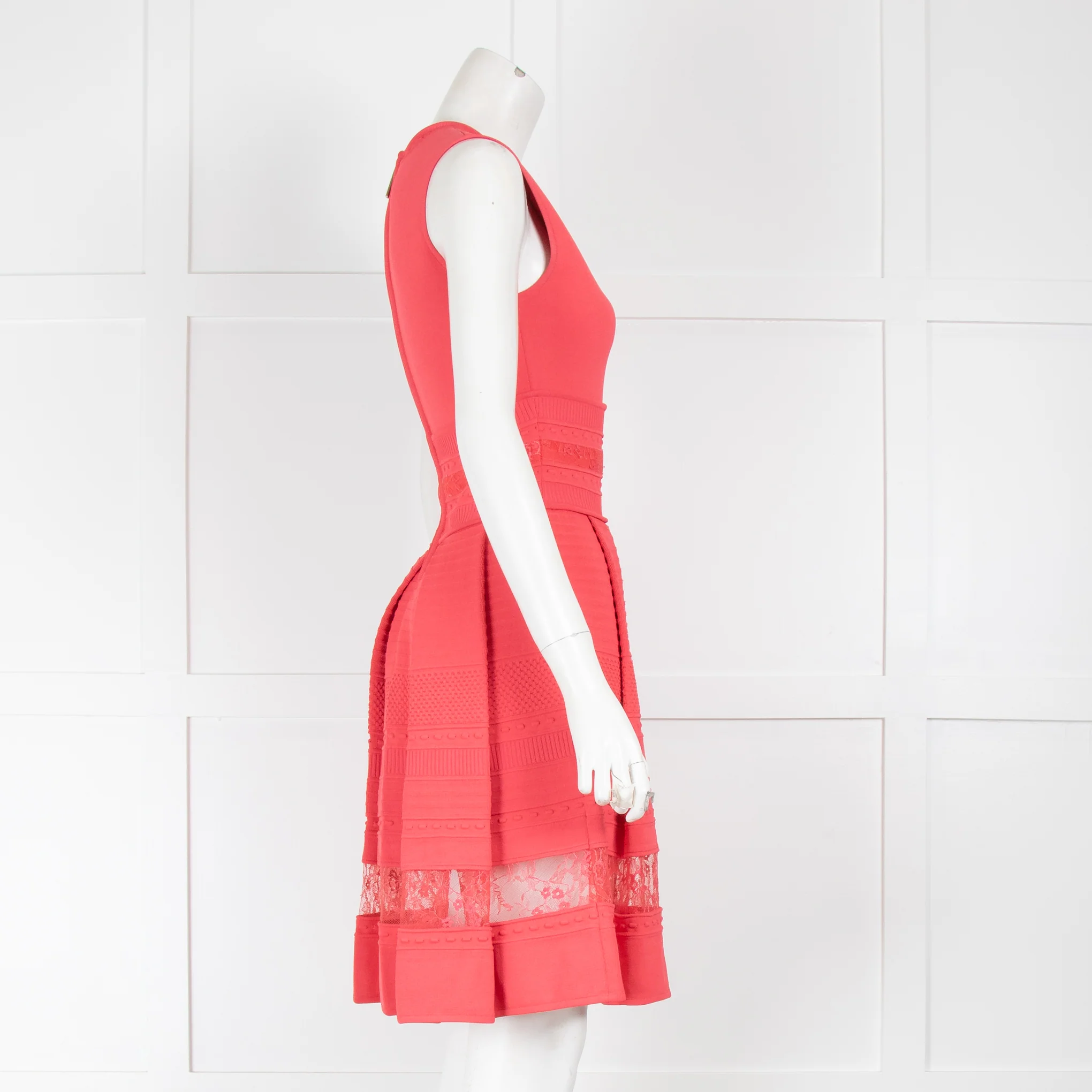 Elie Saab Coral V Neck Mini Dress with Lace Insert - Image 2