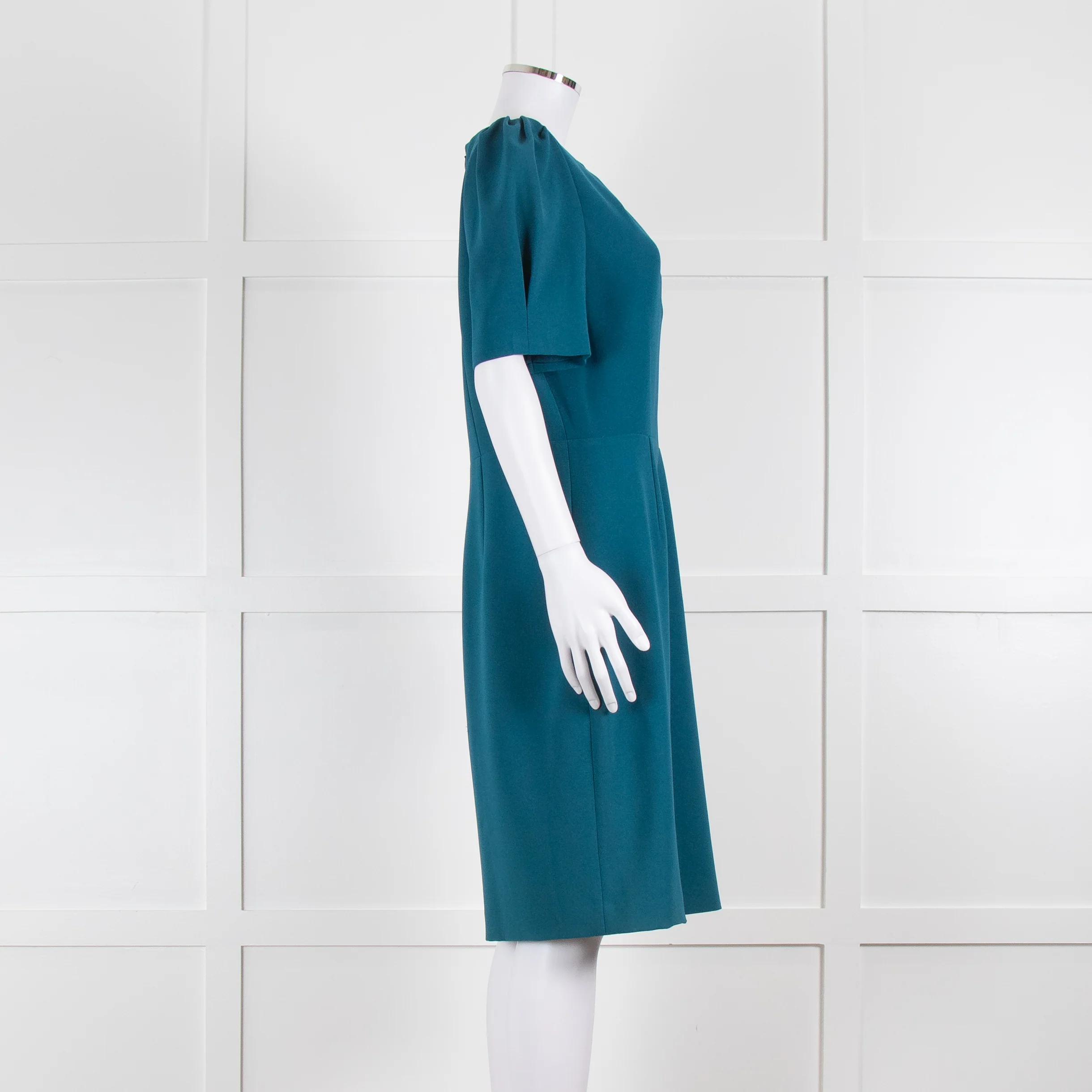 Elie Tahari Teal Ruched Neck Shift Dress with Gathered Sleeves - Image 2