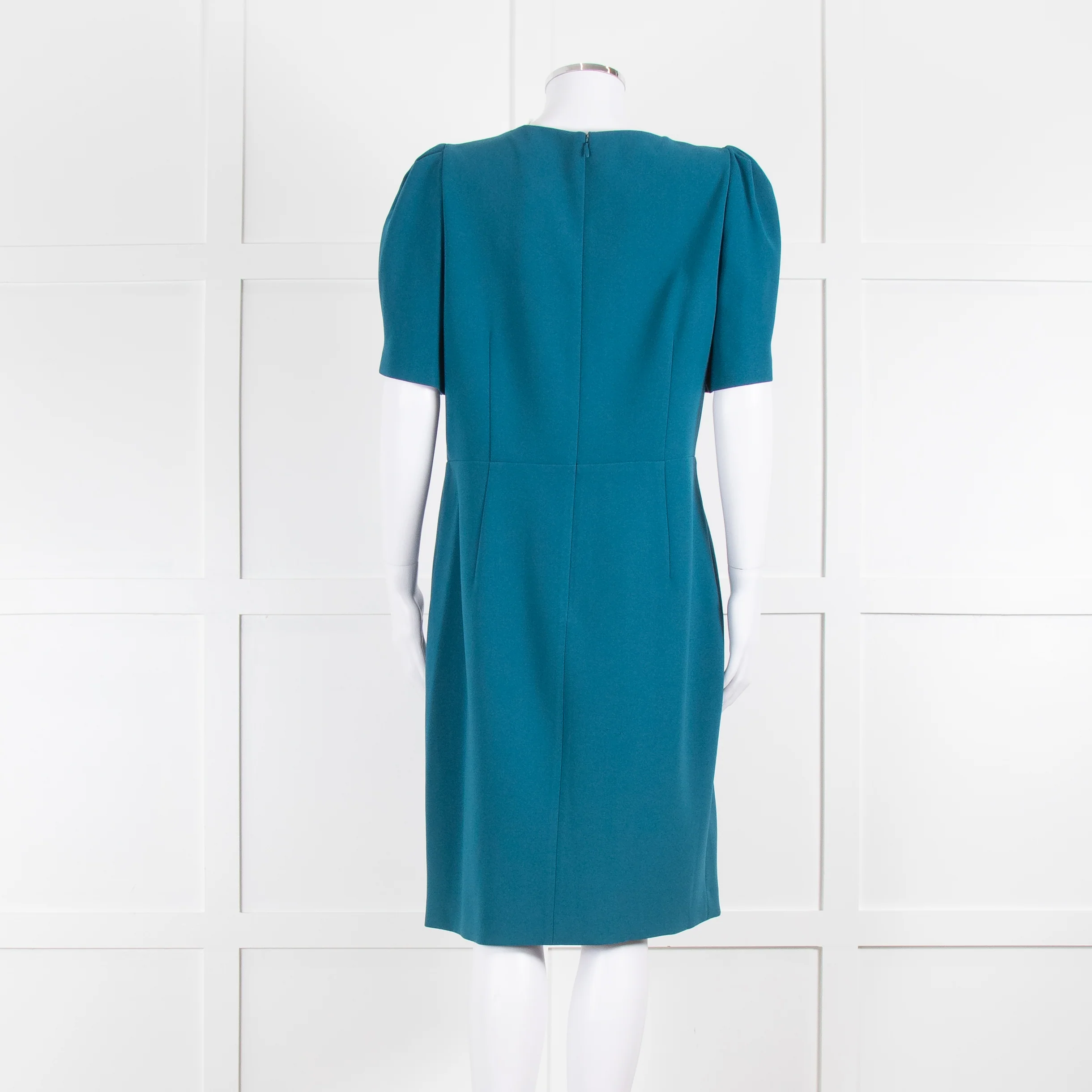 Elie Tahari Teal Ruched Neck Shift Dress with Gathered Sleeves - Image 3