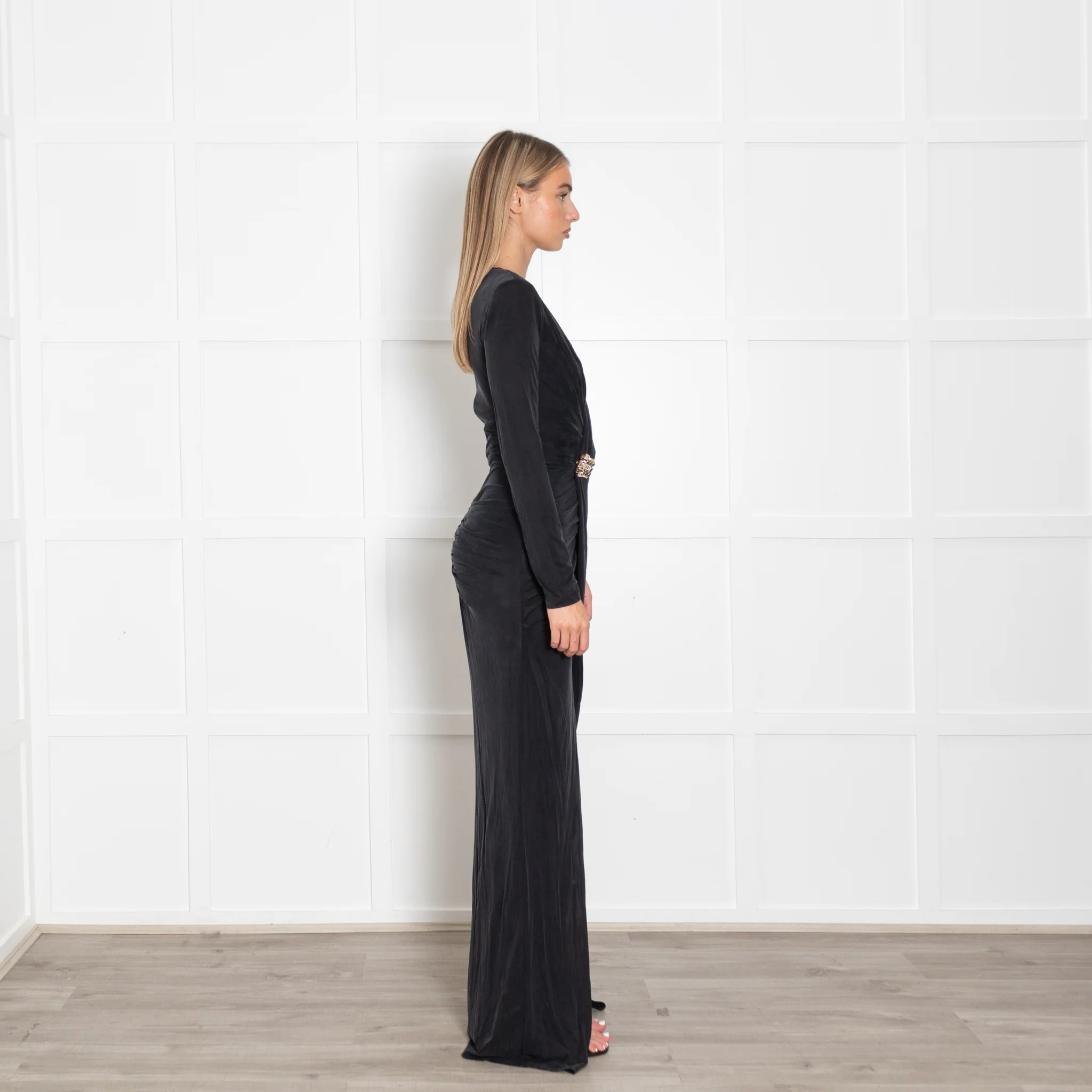 Elisabetta Franchi Black Gathered Waist with Jewel Buckle Gown - Image 6