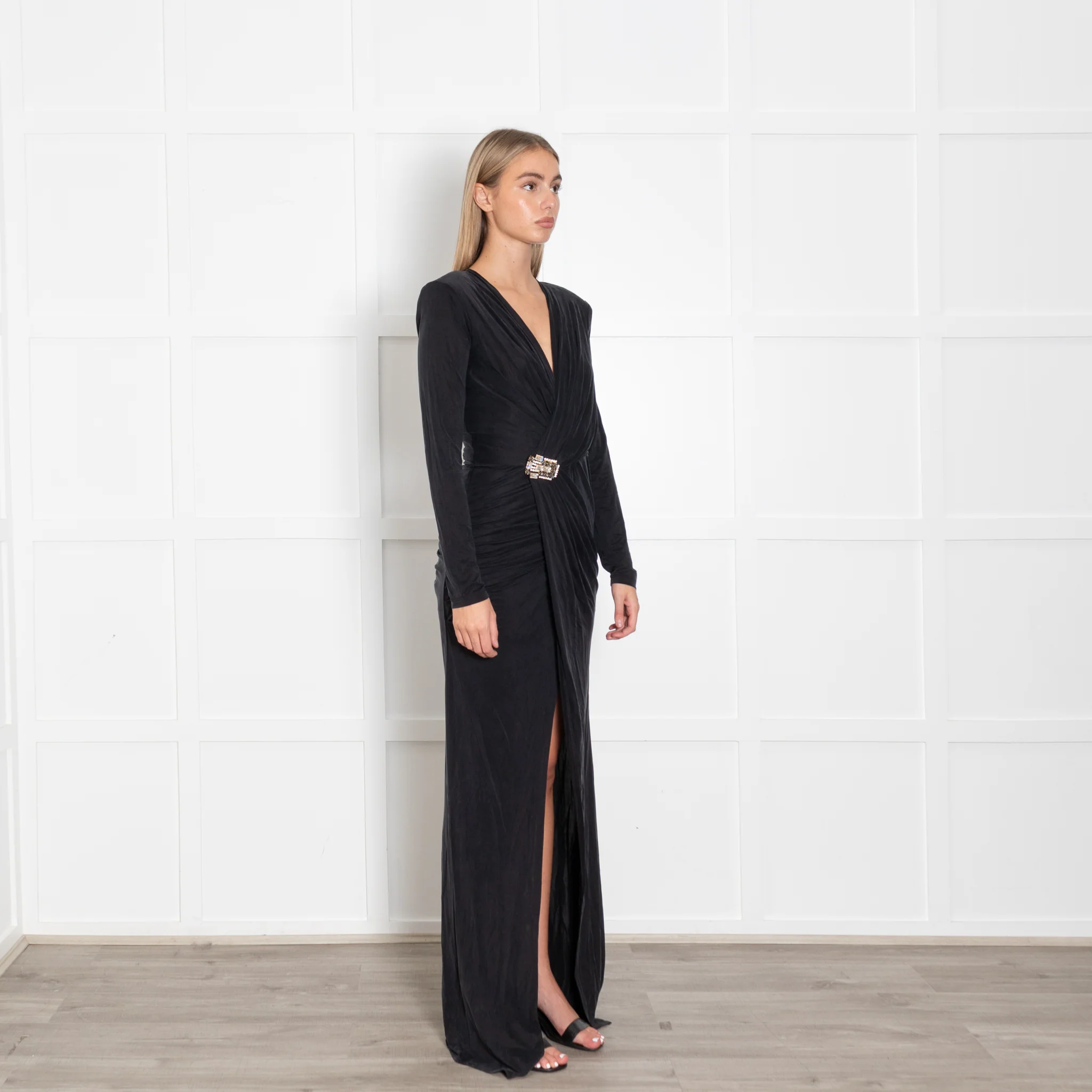 Elisabetta Franchi Black Gathered Waist with Jewel Buckle Gown - Image 7
