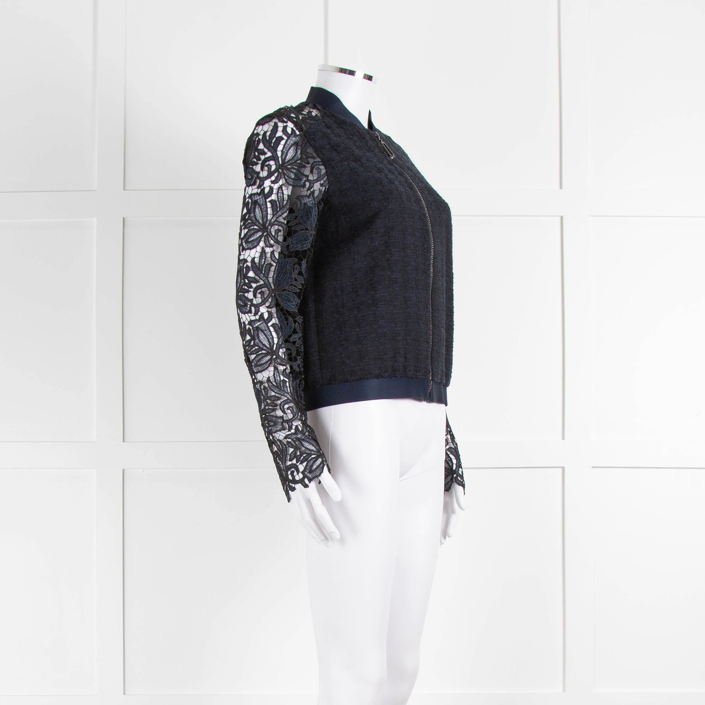 Ellie Tahari Navy Blue Lace Sleeve Bomber Jacket - Image 2