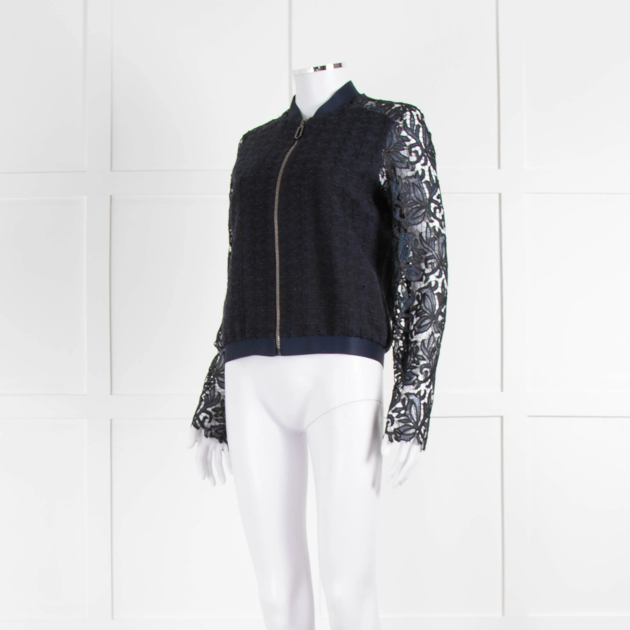 Ellie Tahari Navy Blue Lace Sleeve Bomber Jacket - Image 8