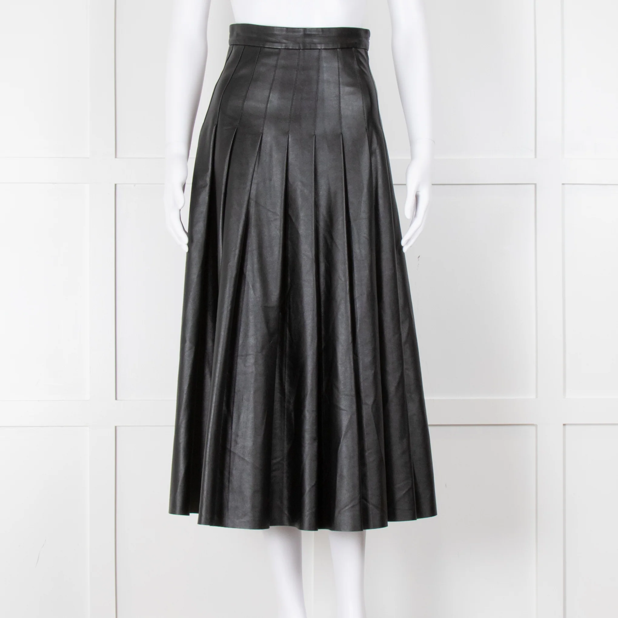 Emilia Wickstead Black Faux Leather Pleated Midi Skirt