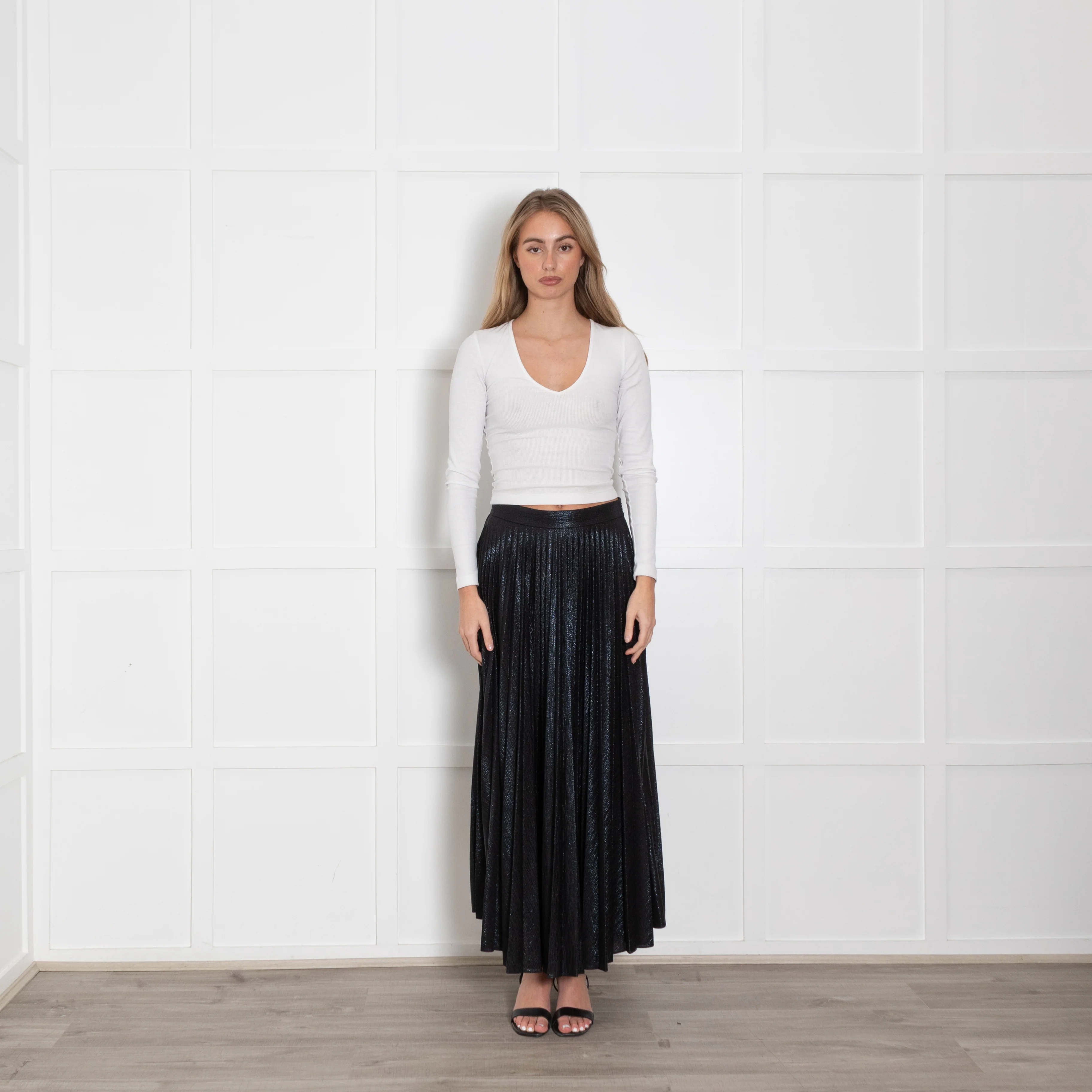 Emilia Wickstead Black Shimmer Pleated Long Skirt