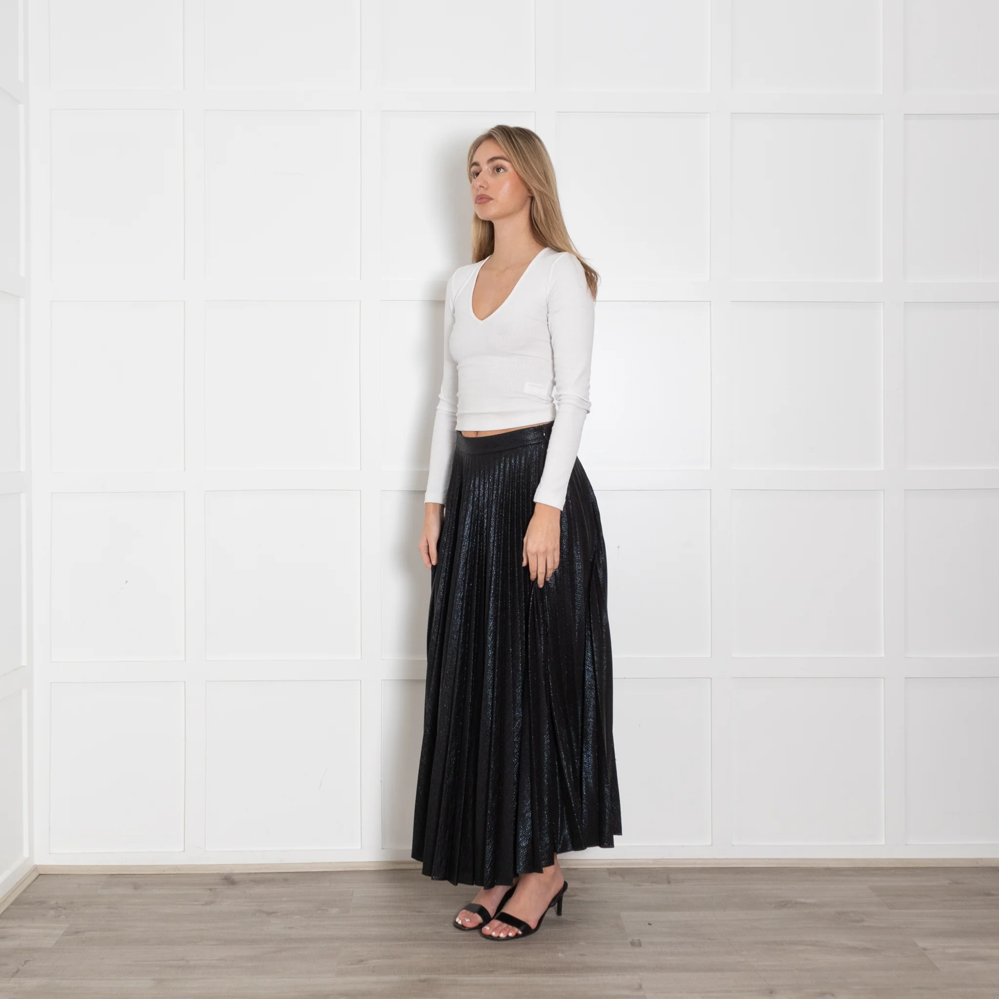 Emilia Wickstead Black Shimmer Pleated Long Skirt - Image 3