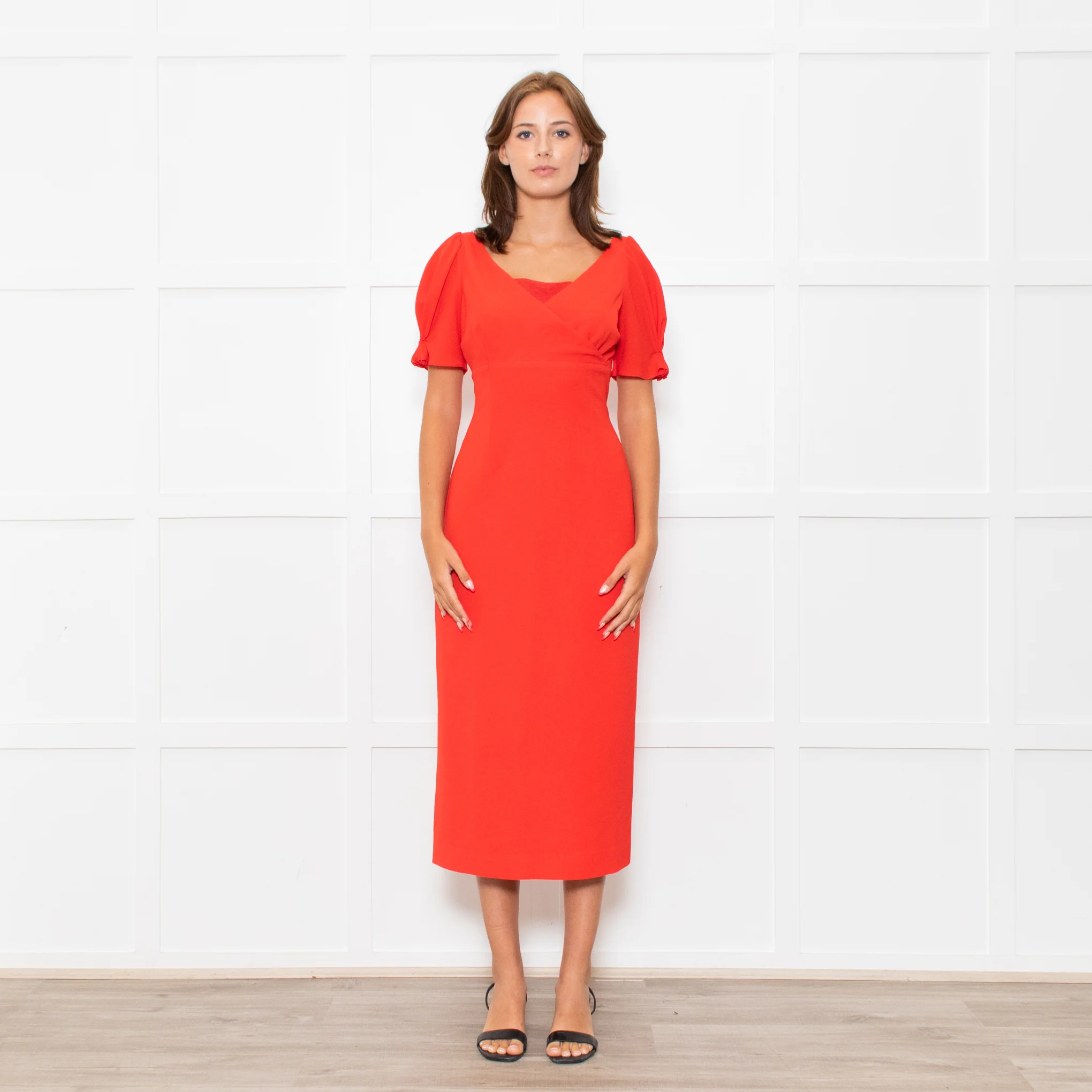 Emilia Wickstead Red High Waisted Fitted Short Sleeve Dress