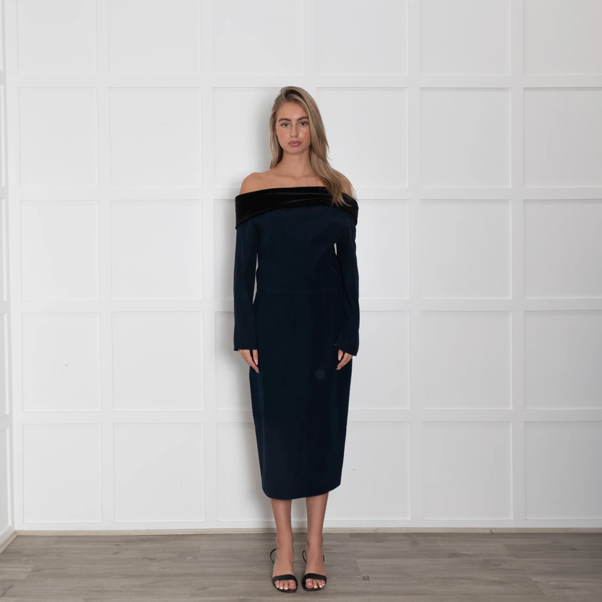 Emilio De La Morena Navy Blue Black Velvet Trim Sleeved Dress